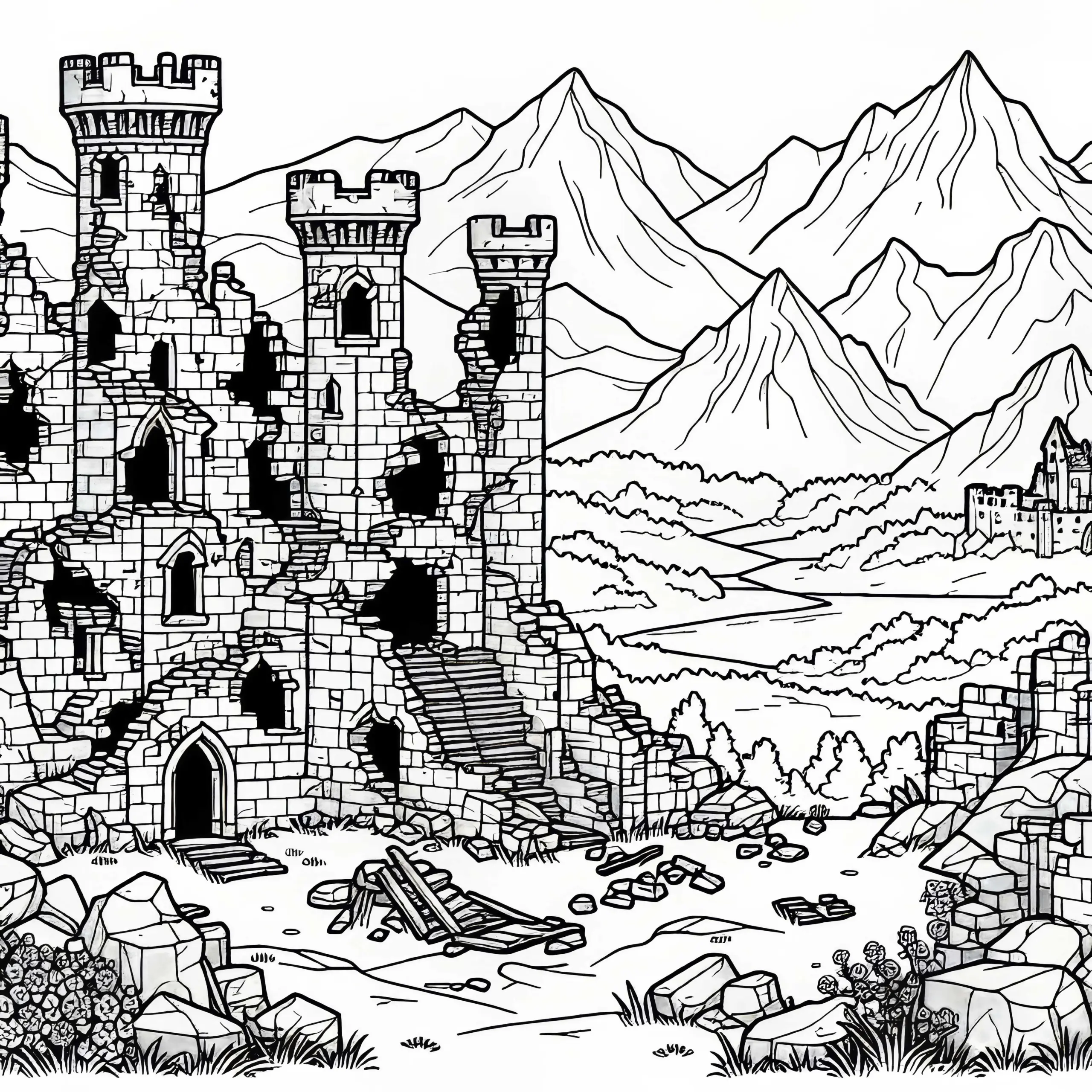 Mittelalterliche Burgruine mit Eingestürzten Mauern – Ausmalbild Kostenlos