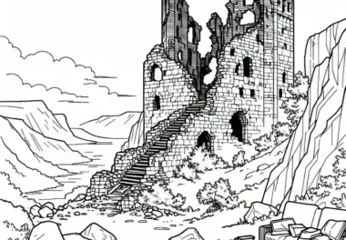 Mittelalterliche Burgruine mit Eingestürzten Mauern als Malvorlage