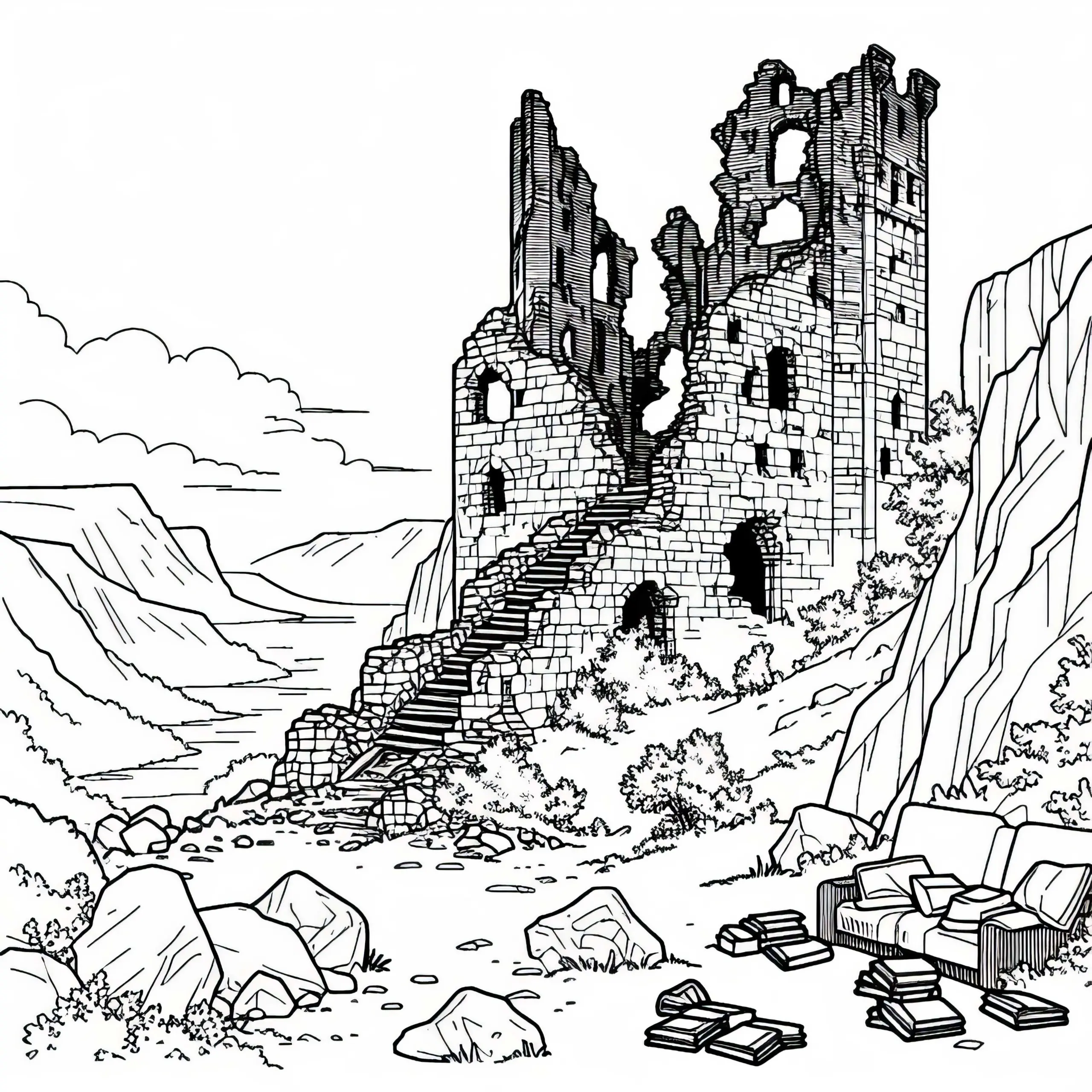 Mittelalterliche Burgruine mit Eingestürzten Mauern als Malvorlage (Ausmalbild)