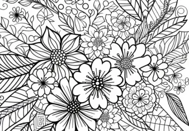 Mix aus Blüten, Blättern und Blumen – Ausmalbild für Erwachsene kostenlos