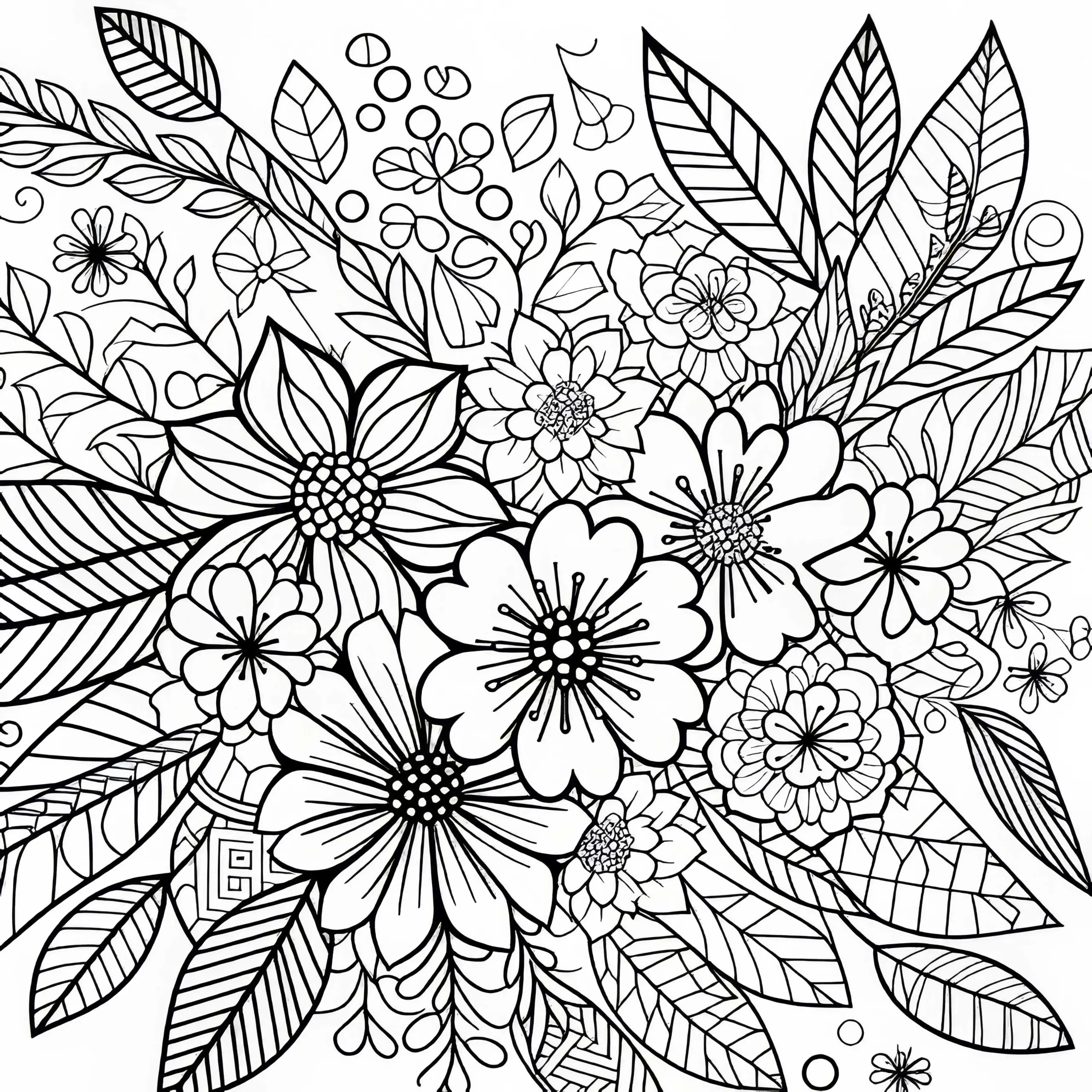 Mix aus Blüten, Blättern und Blumen – Ausmalbild für Erwachsene kostenlos