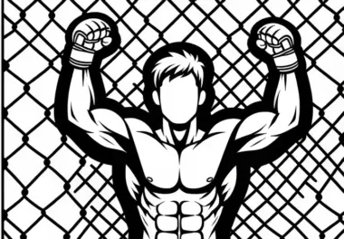 MMA-Kämpfer feiert Sieg mit erhobenen Fäusten im Käfig – Ausmalbild kostenlos