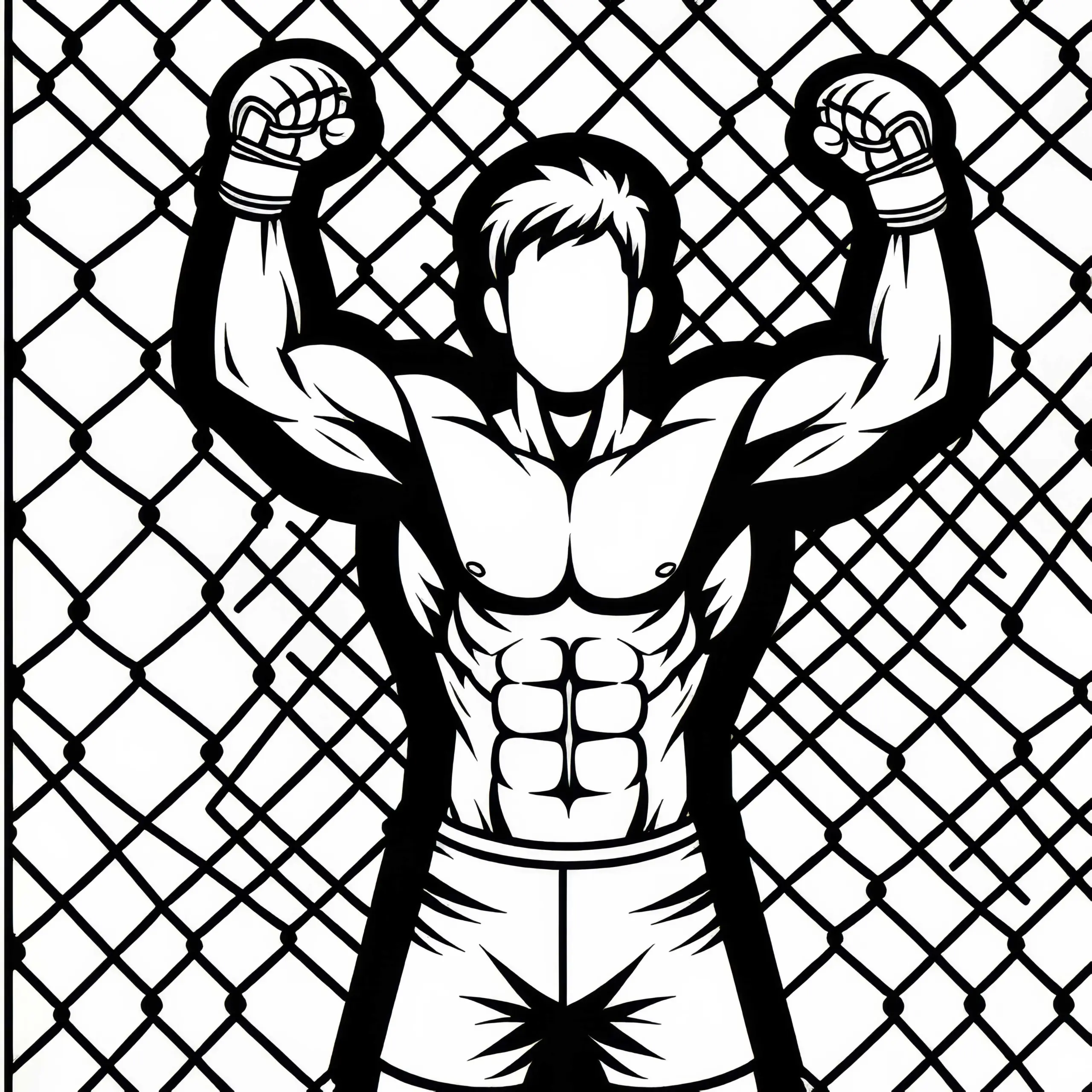 MMA-Kämpfer feiert Sieg mit erhobenen Fäusten im Käfig – Ausmalbild kostenlos