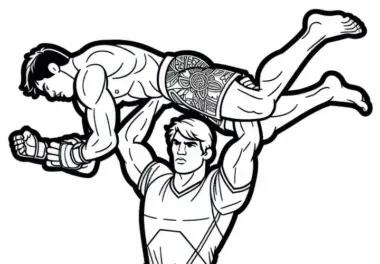 MMA-Kämpfer hebt Gegner hoch für spektakulären Takedown – Ausmalbild kostenlos