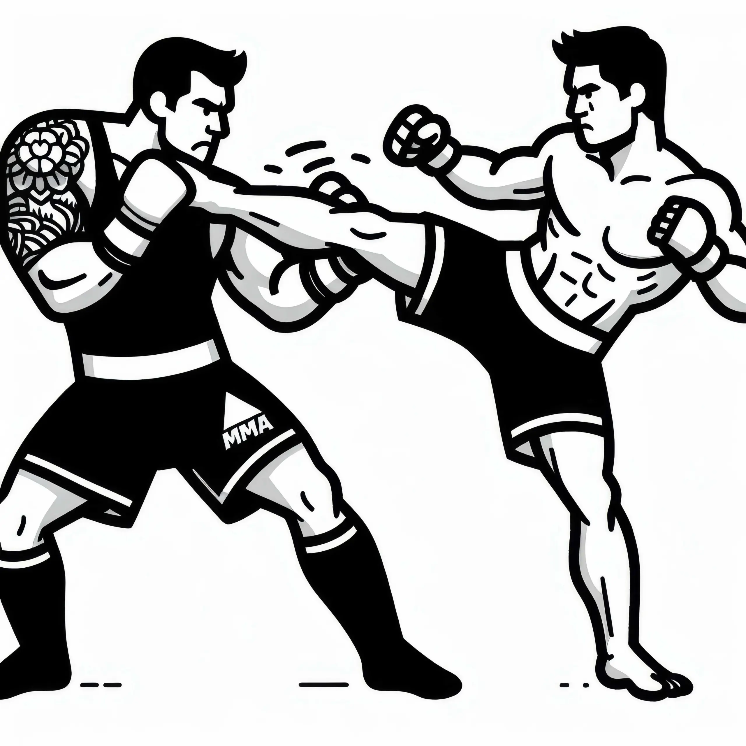 MMA Kämpfer verpasst Gegner – Präzisen Kick Malvorlage Kostenlos (Ausmalbild)