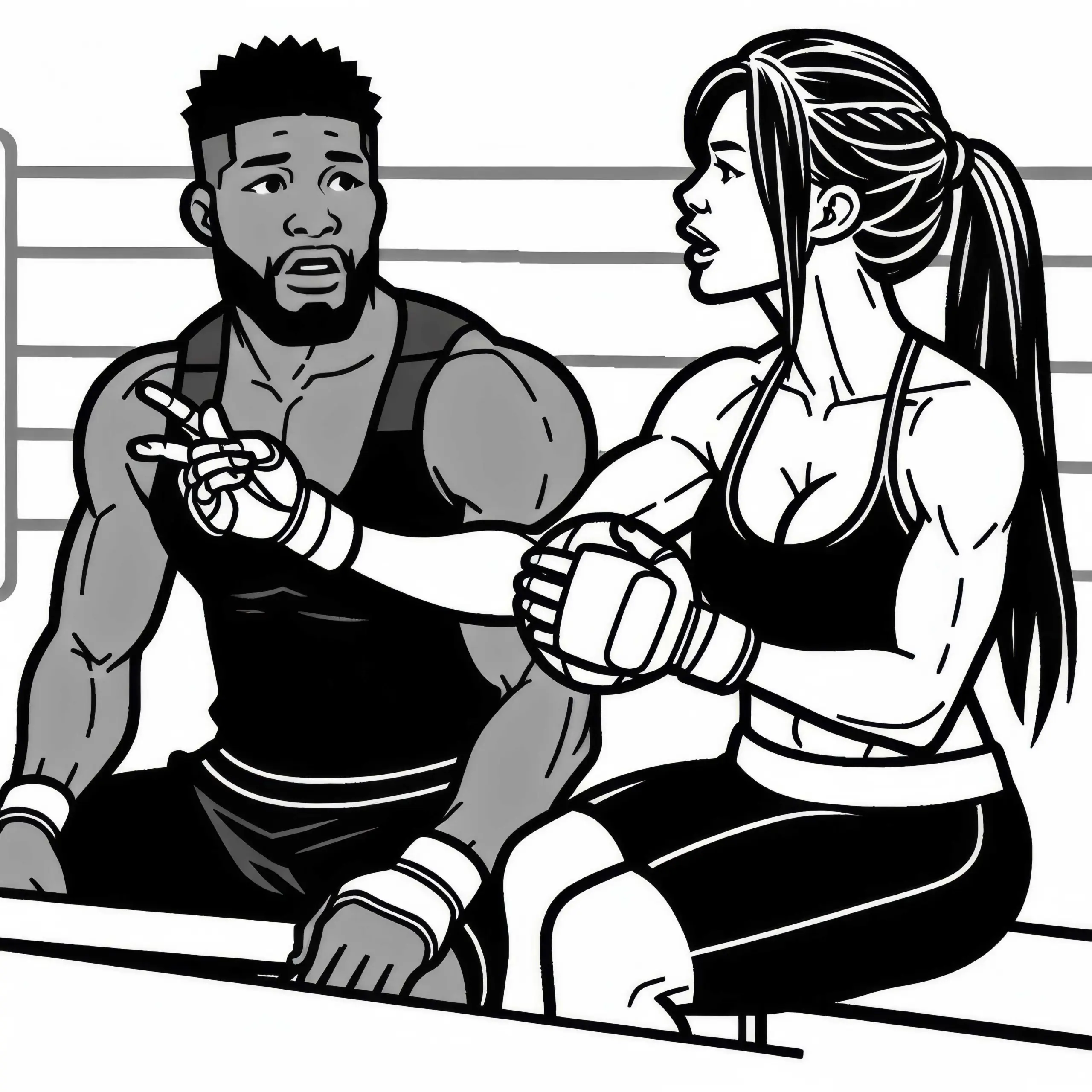 MMA-Trainerin gibt Kämpfer Anweisungen – Malvorlage Gratis (Ausmalbild)