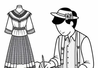 Modedesigner entwirft Kleid auf Papier – Malvorlage gratis