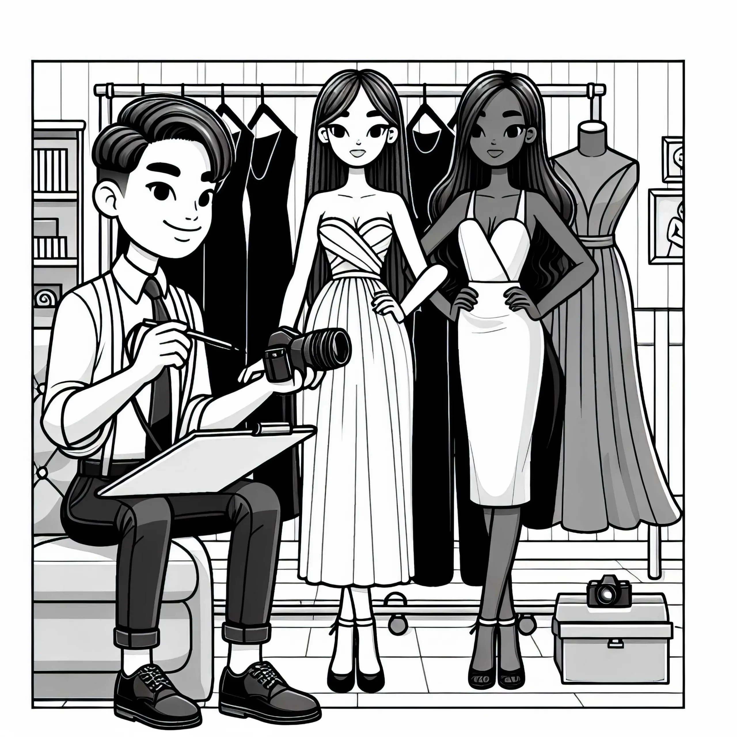 Modedesigner macht Anproben mit Models – Ausmalbild kostenlos