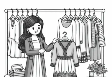 Modedesignerin arrangiert eine Kollektion auf Kleiderstangen – Malvorlage kostenlos
