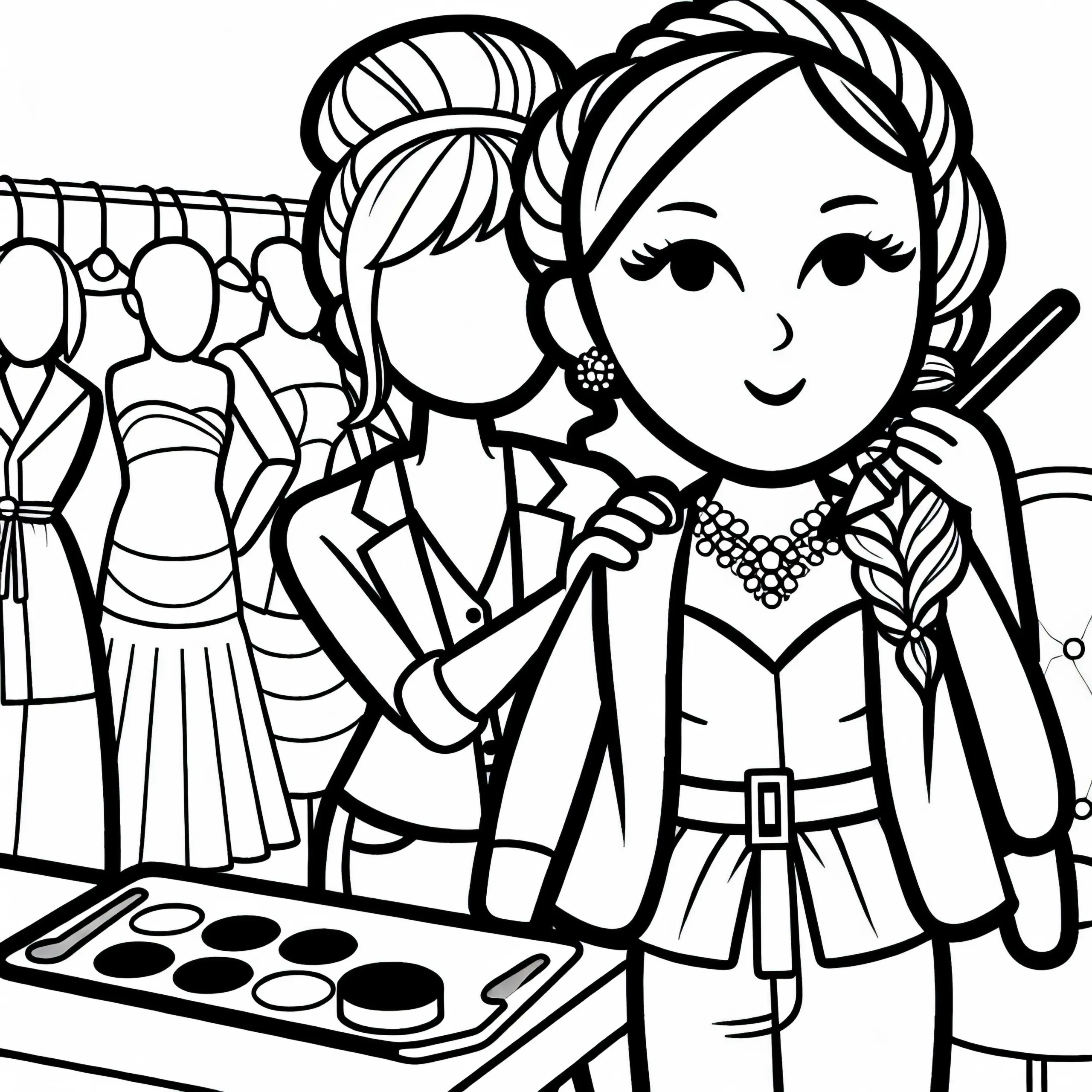 Modedesignerin bei Modenschau hinter den Kulissen – Malvorlage kostenlos (Ausmalbild)