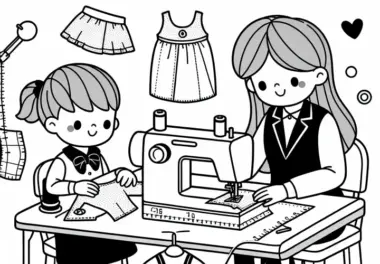 Modedesignerin näht Musterteile mit Nähmaschine – Ausmalbild kostenlos