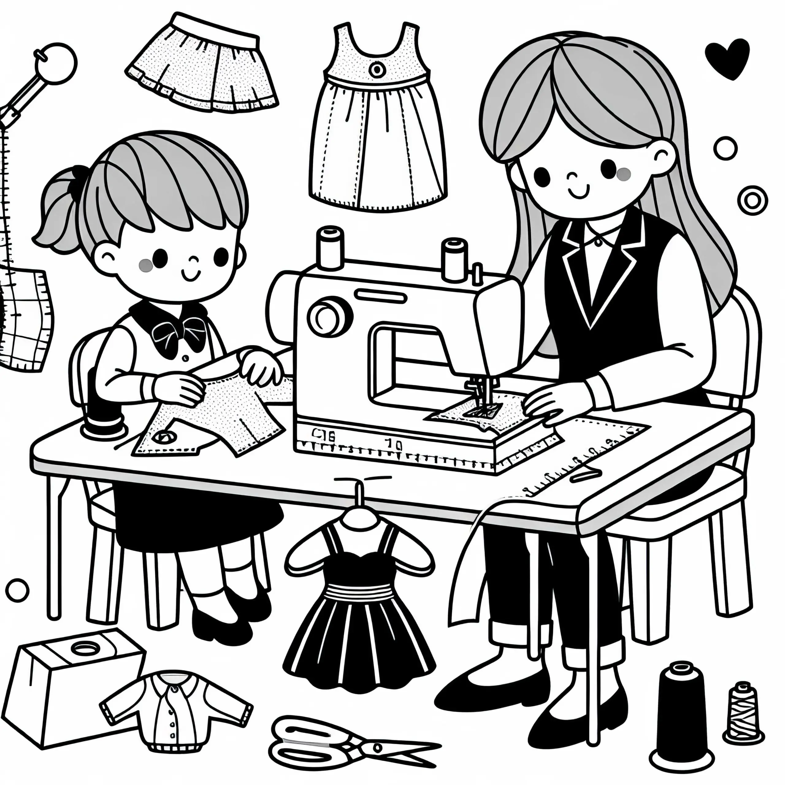 Modedesignerin näht Musterteile mit Nähmaschine – Ausmalbild kostenlos