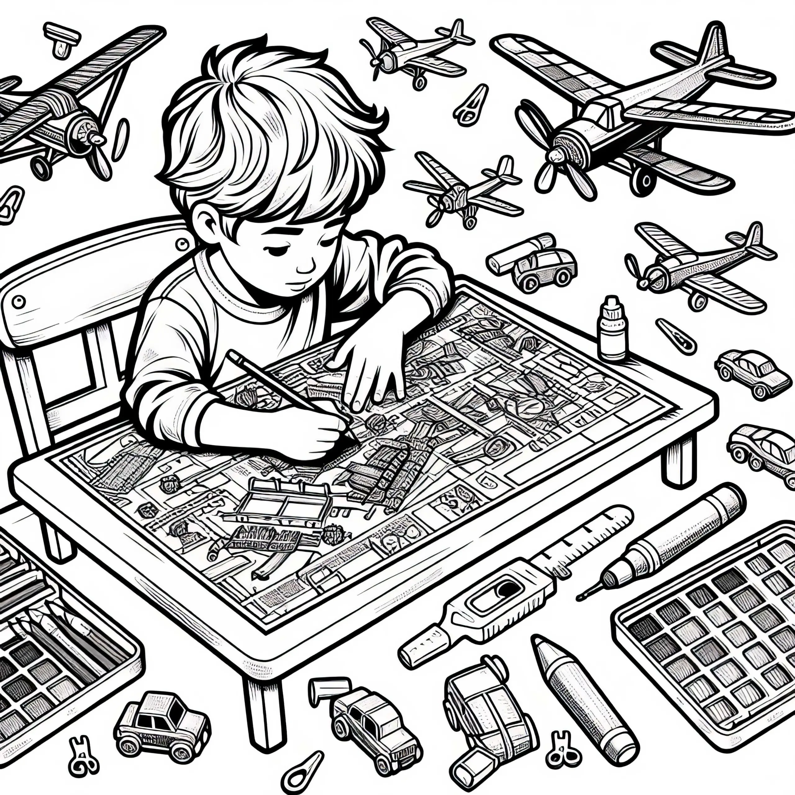 Modellbau Flugzeuge und Autos Malvorlage für dein Hobby kostenlos (Ausmalbild)