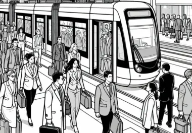 Moderne Straßenbahn hält an Haltestelle mit Menschen im Berufsverkehr – Malvorlage kostenlos
