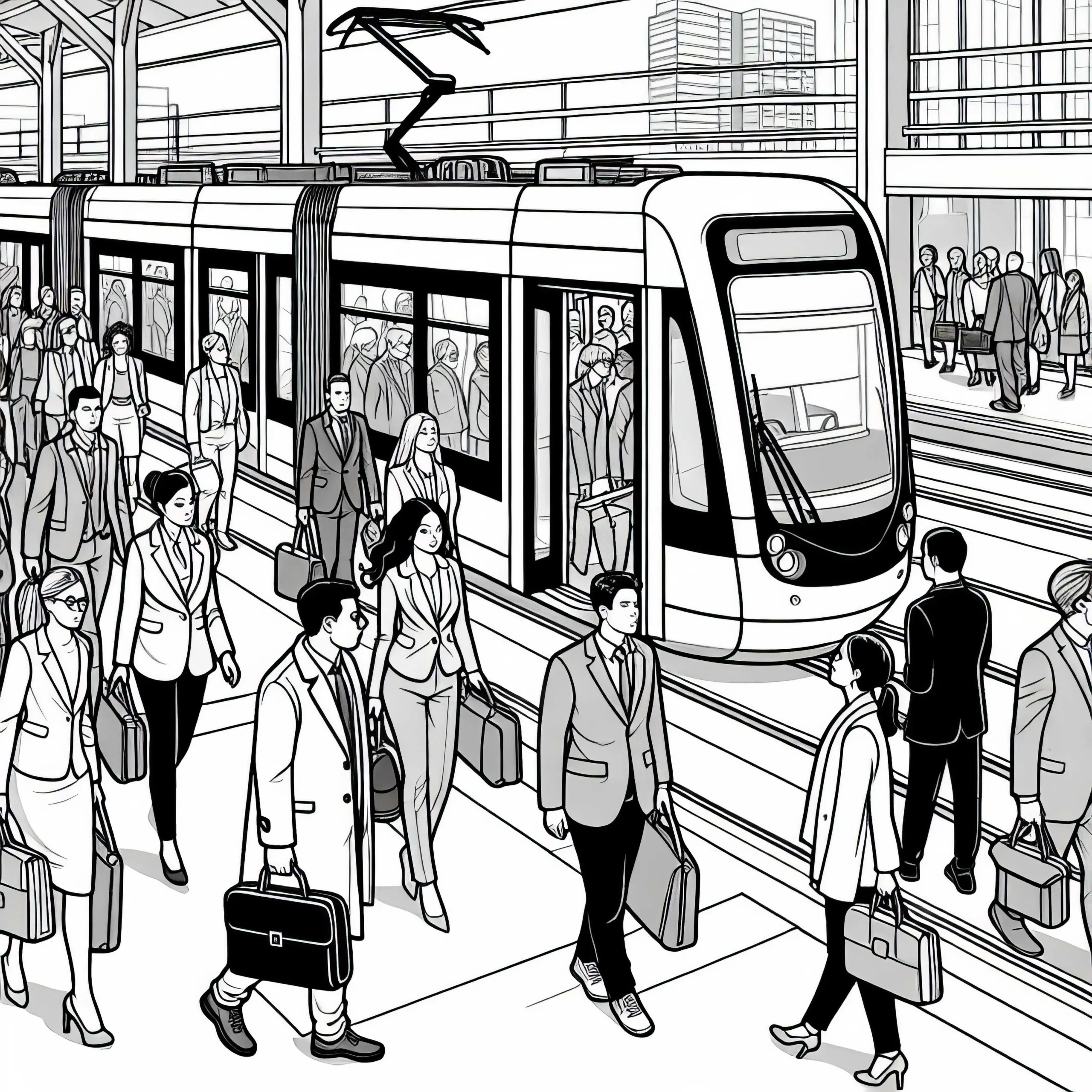 Moderne Straßenbahn hält an Haltestelle mit Menschen im Berufsverkehr – Malvorlage kostenlos (Ausmalbild)