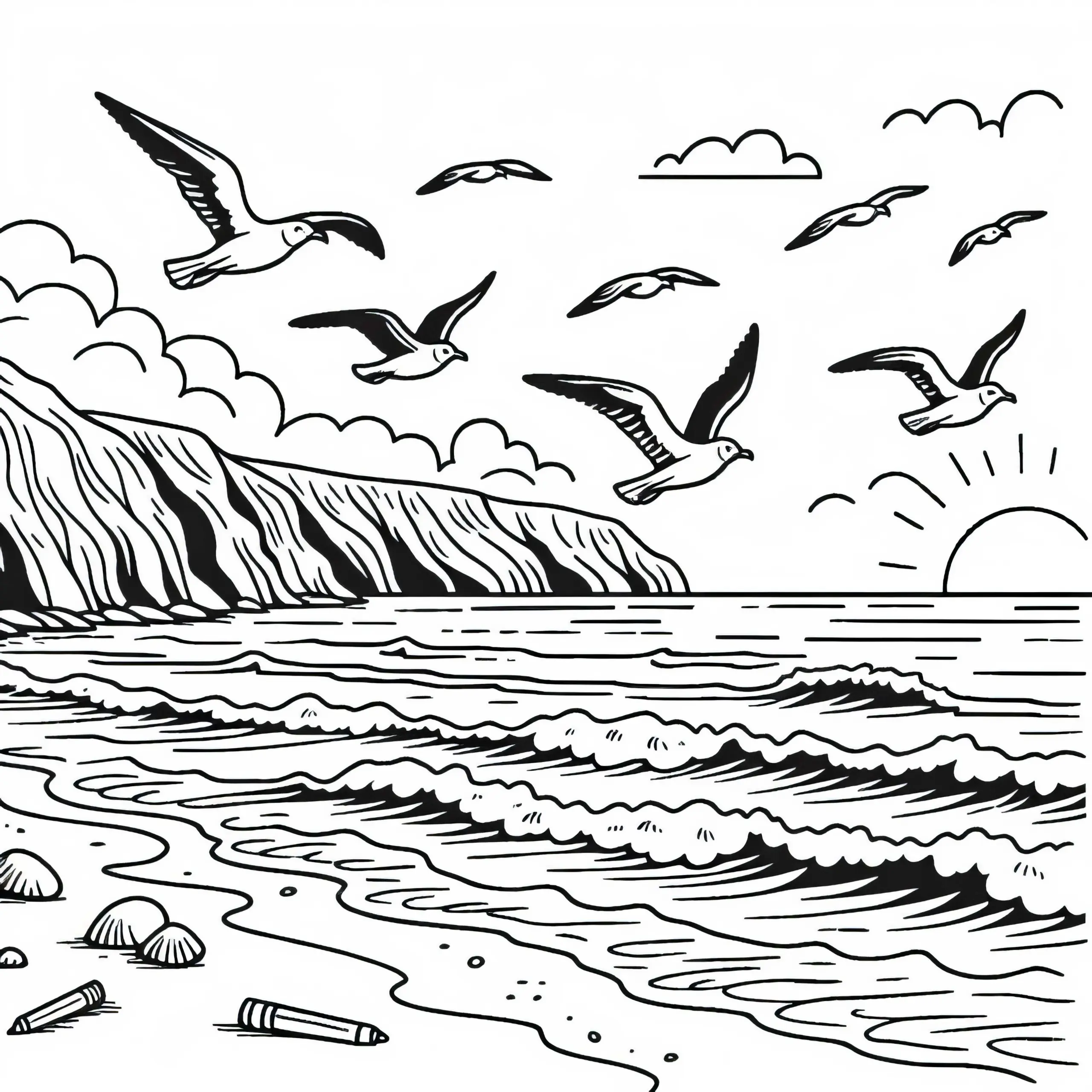 Möwen fliegen an Küste über Meer – Malvorlage kostenlos (Ausmalbild)