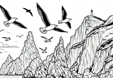 Möwen fliegen über die felsige Küste mit steilen Klippen – Malvorlage kostenlos
