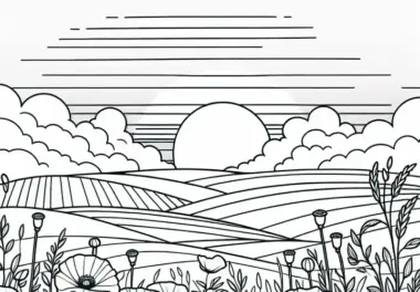 Mohnblumen zwischen Feldern – Ausmalbild kostenlos