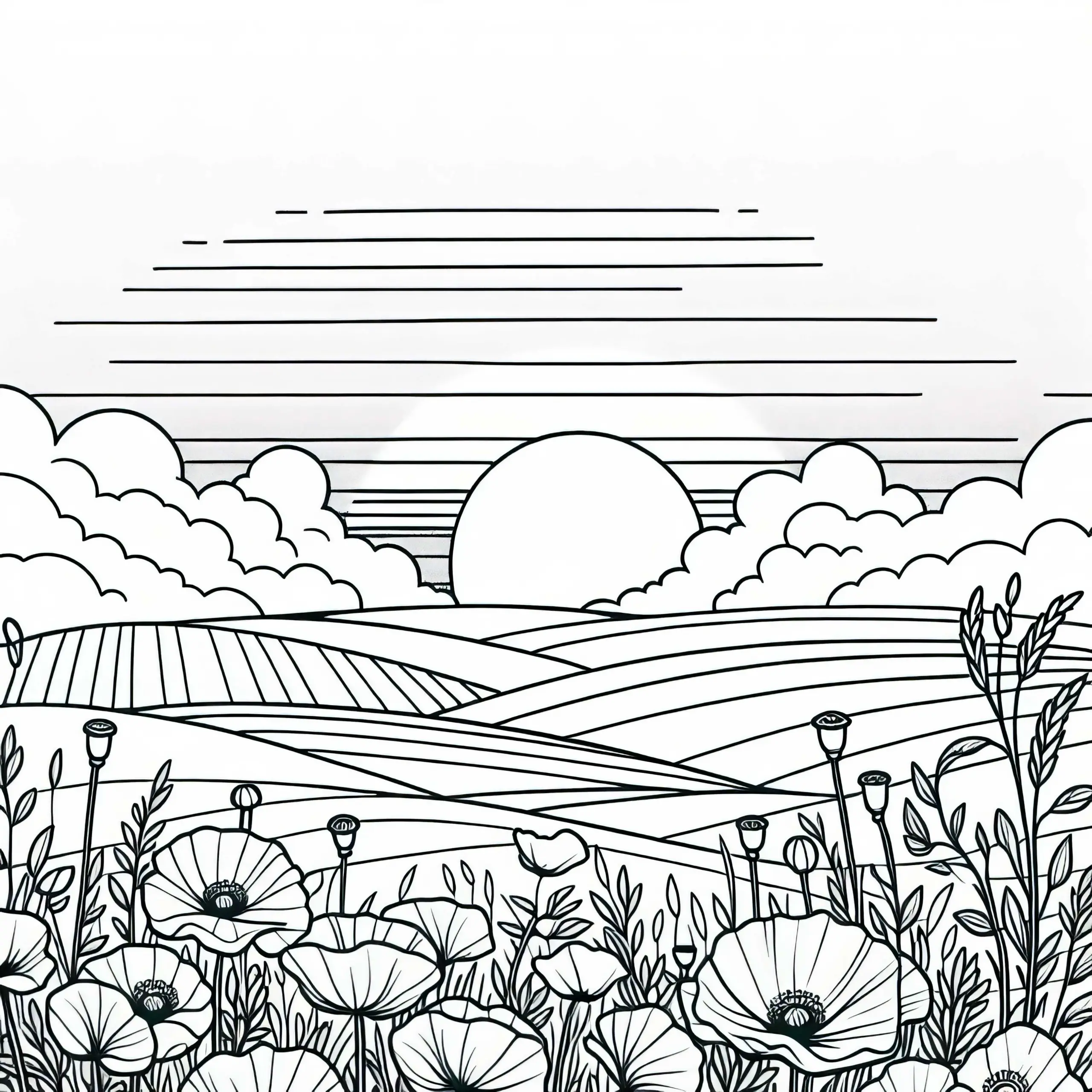 Mohnblumen zwischen Feldern – Ausmalbild kostenlos