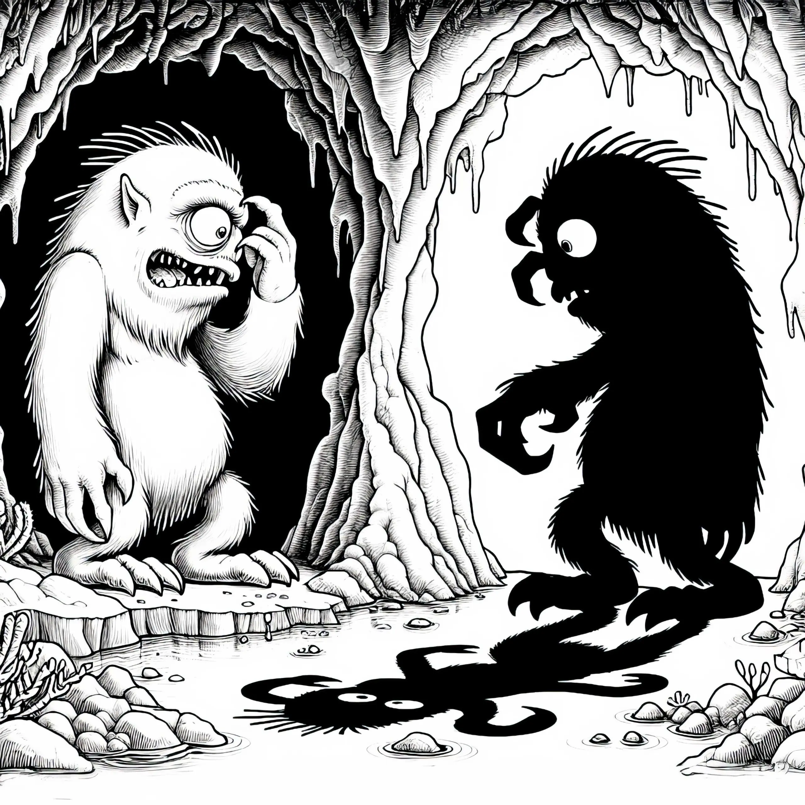 Monster beobachtet eigenen Schatten in einer Höhle: Detailliere Malvorlage (Kostenlos) (Ausmalbild)