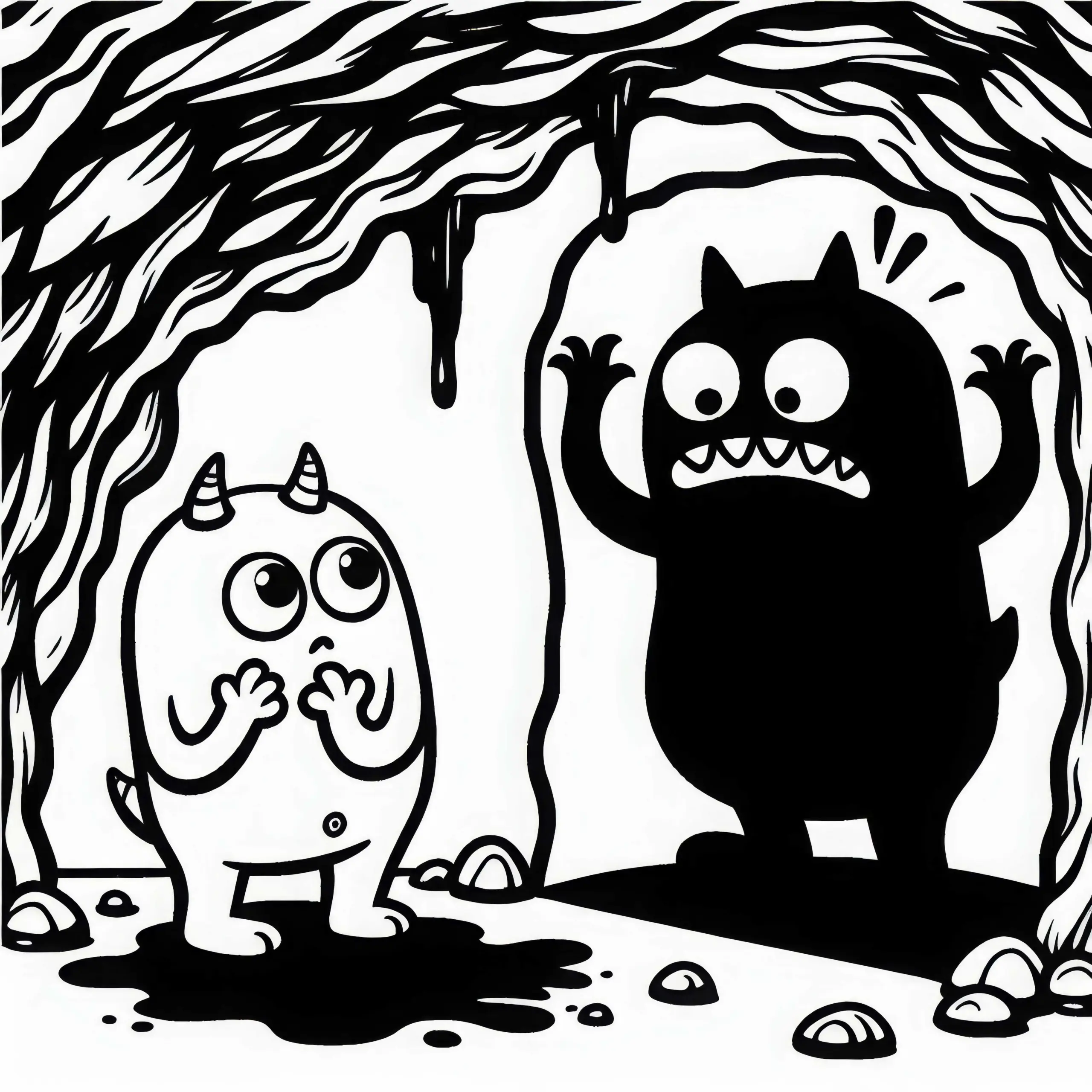 Monster beobachtet seinen eigenen Schatten in Höhle und erschreckt sich: Gratis Ausmalbild