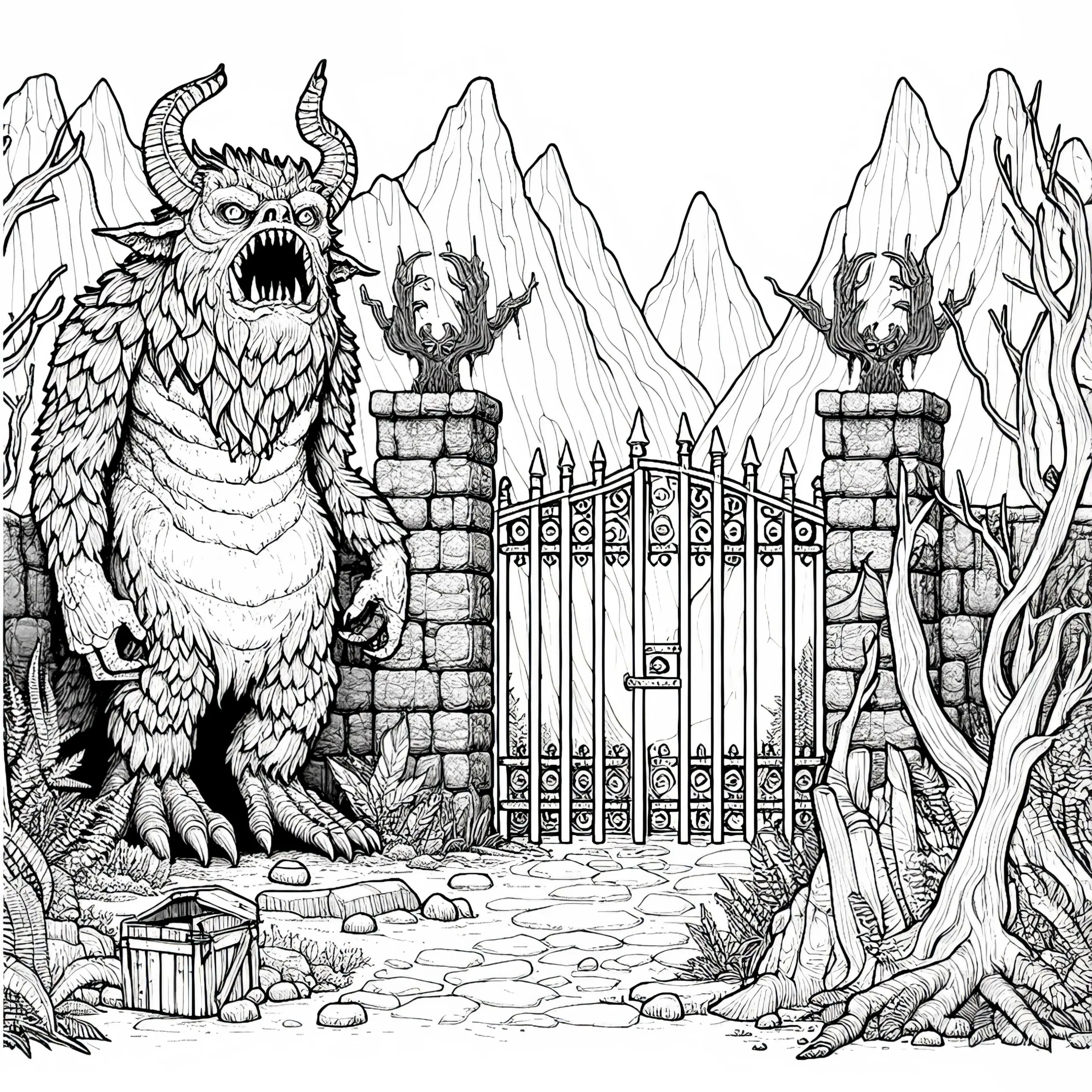 Monster bewacht Tor zu verborgener Welt: Malvorlage zum Herunterladen (Gratis) (Ausmalbild)