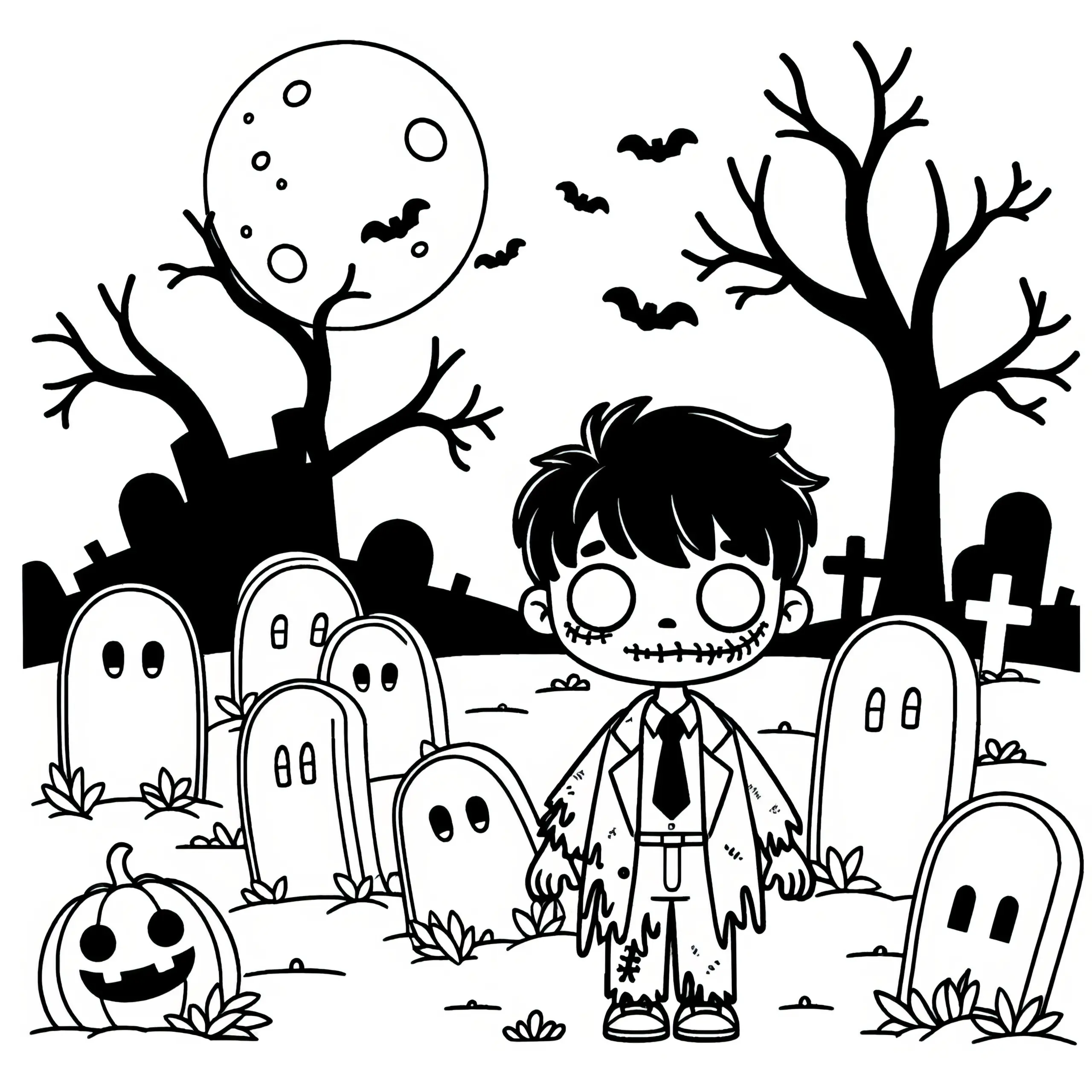 Monster auf Friedhof: Gruseliges Halloween Ausmalbild zum Download (Gratis)