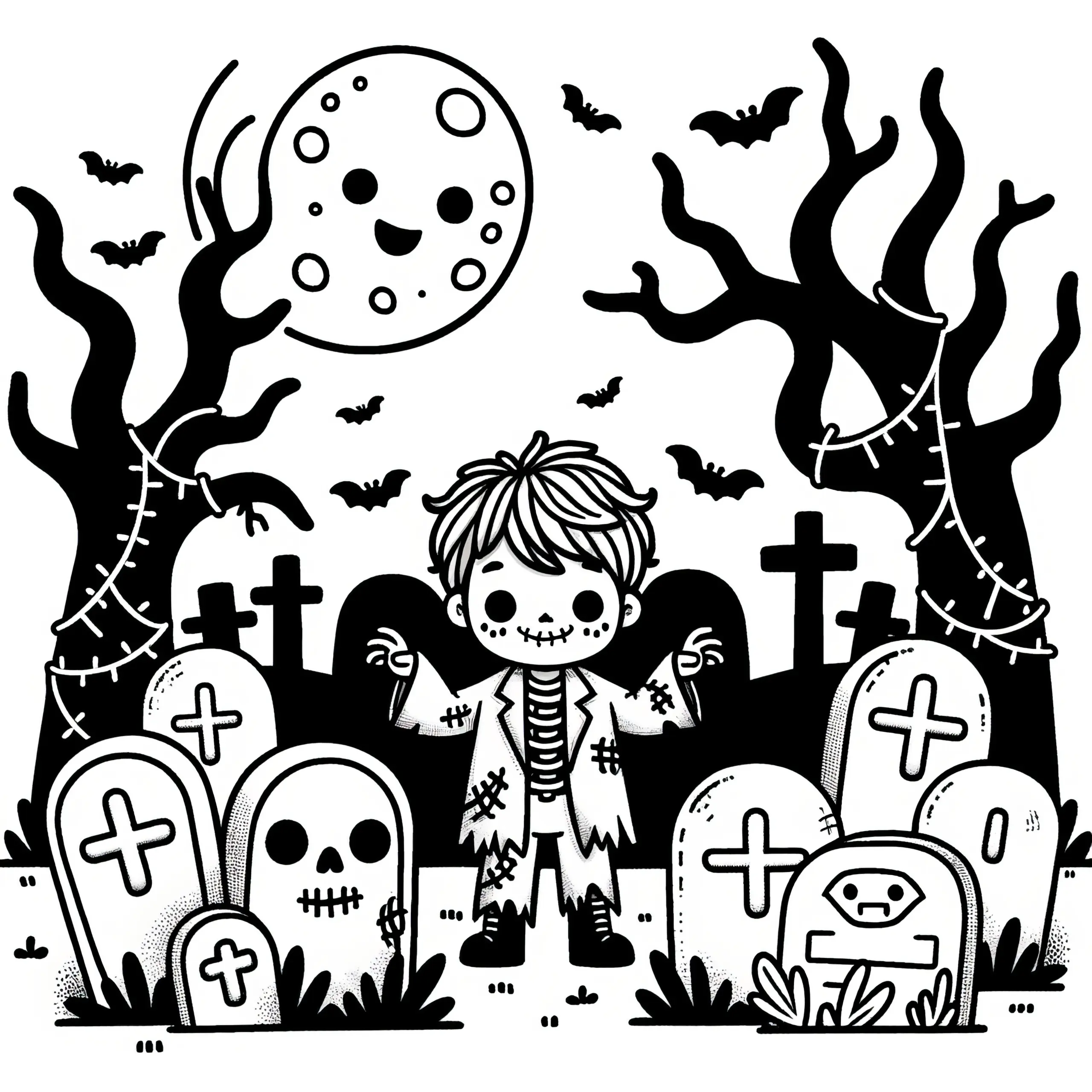 Monster auf Friedhof: Halloween Malvorlage zum Herunterladen (Kostenlos) (Ausmalbild)