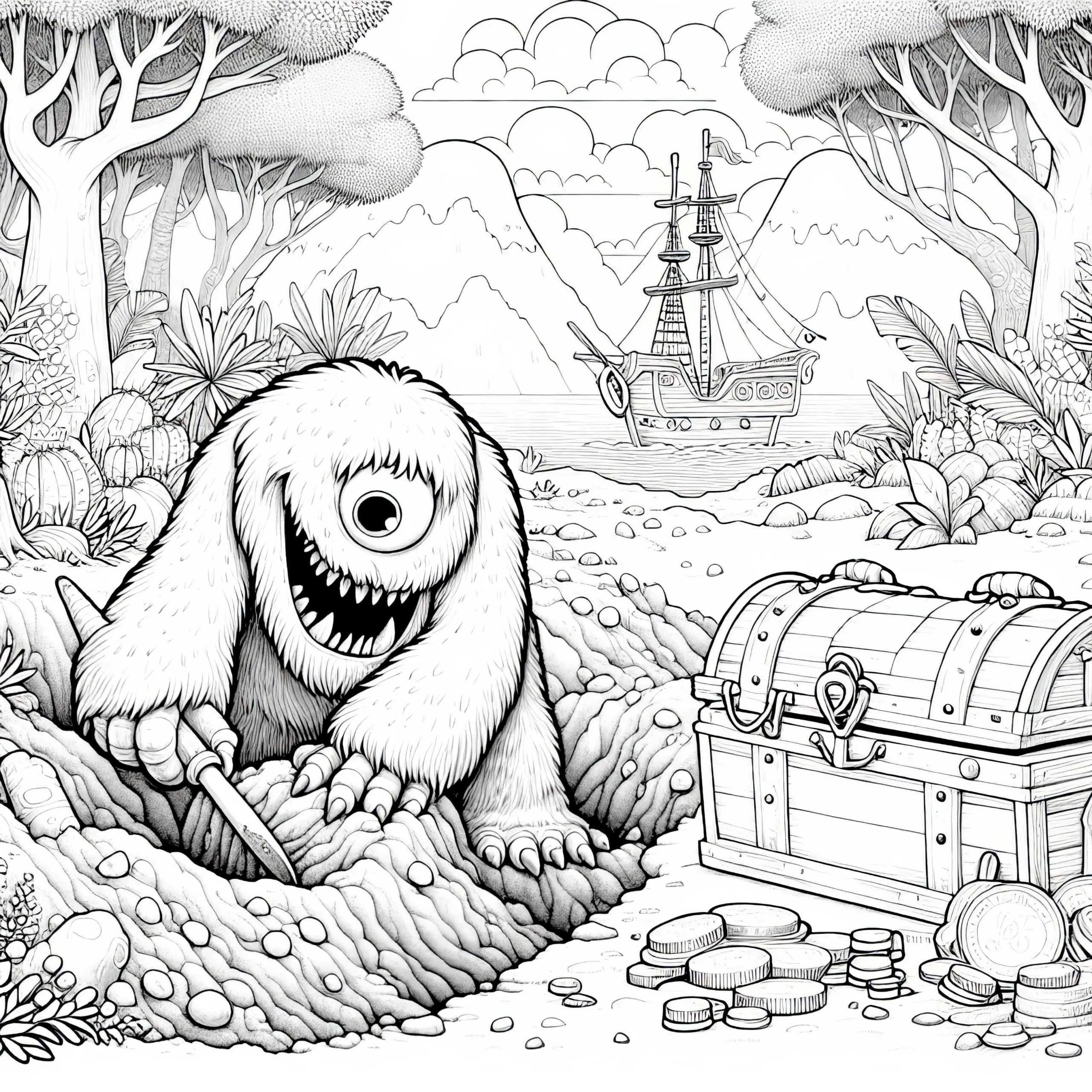 Monster gräbt Loch, um Schatz zu verstecken: Detailreiches Ausmalbild (Gratis)