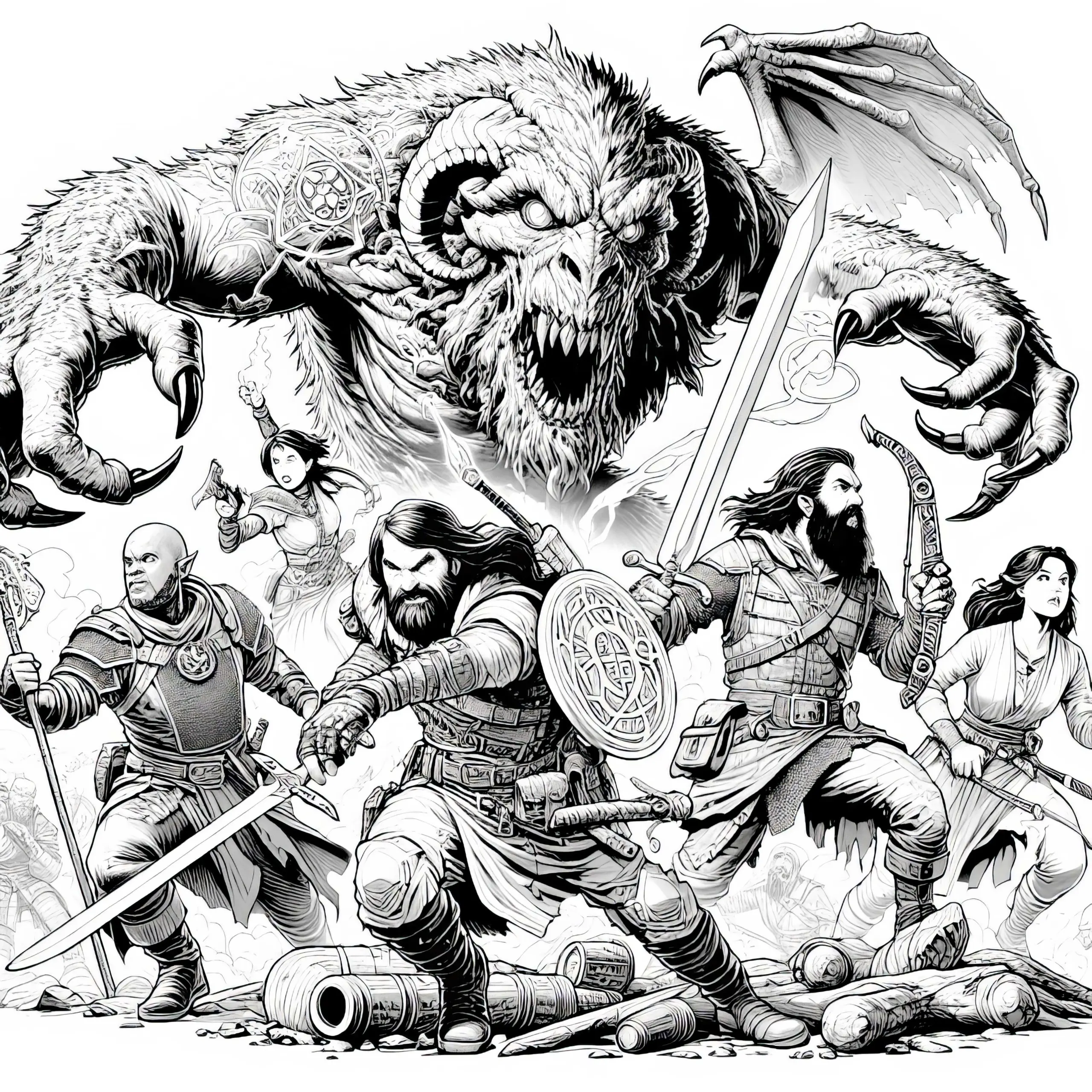 Monster kämpft gegen eine Gruppe von Kämpfern: Ausmalbild zum Download (Gratis)