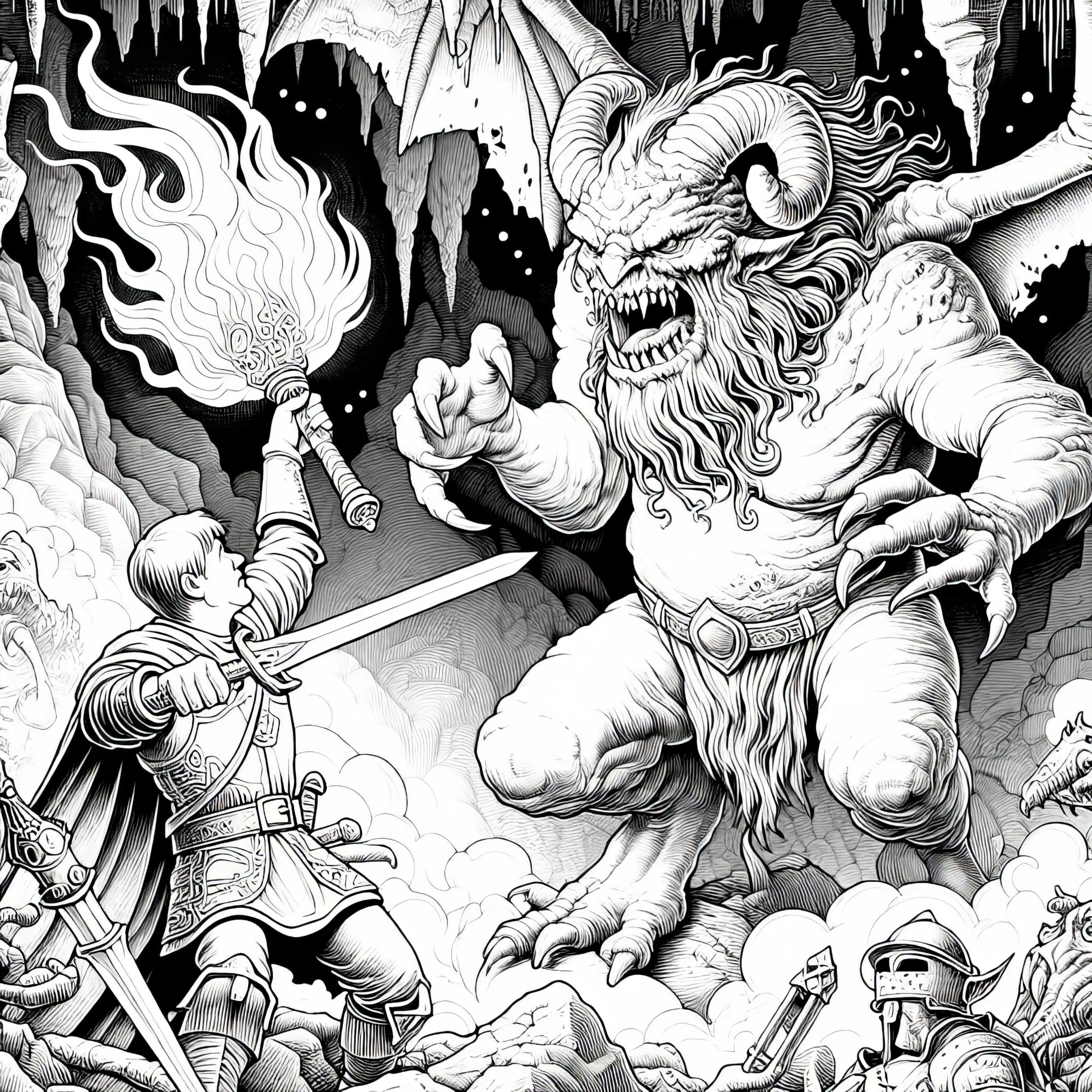 Monster kämpft gegen Helden, der eine Fackel hält: Malvorlage zum Herunterladen (Kostenlos) (Ausmalbild)