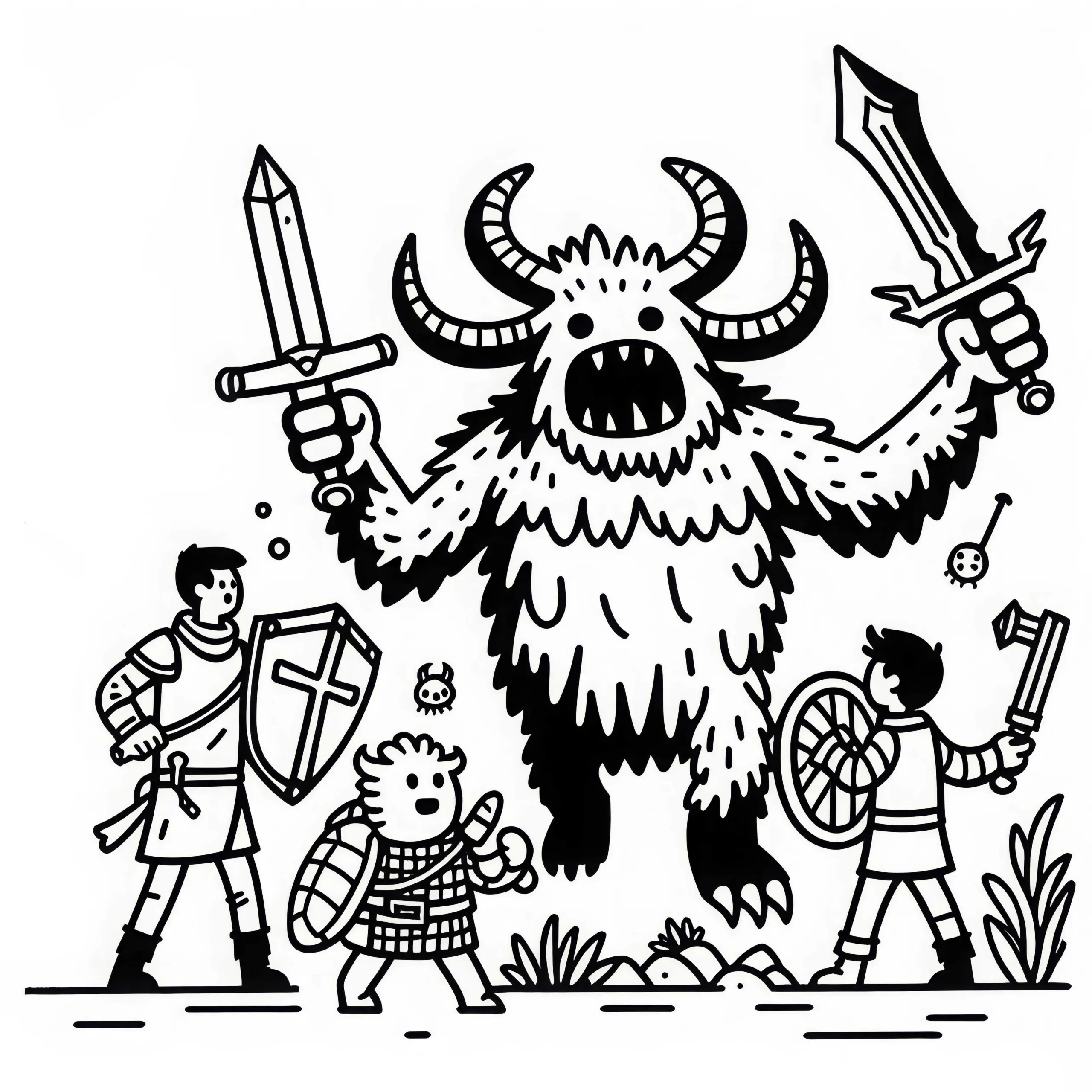 Monster kämpft gegen eine Gruppe von Abenteurern mit Waffen: Malvorlage zum Download (Kostenlos) (Ausmalbild)