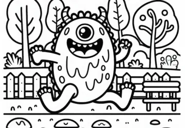 Monster rennt lachend durch den Park – Ausmalbild für Jungs ab sechs gratis
