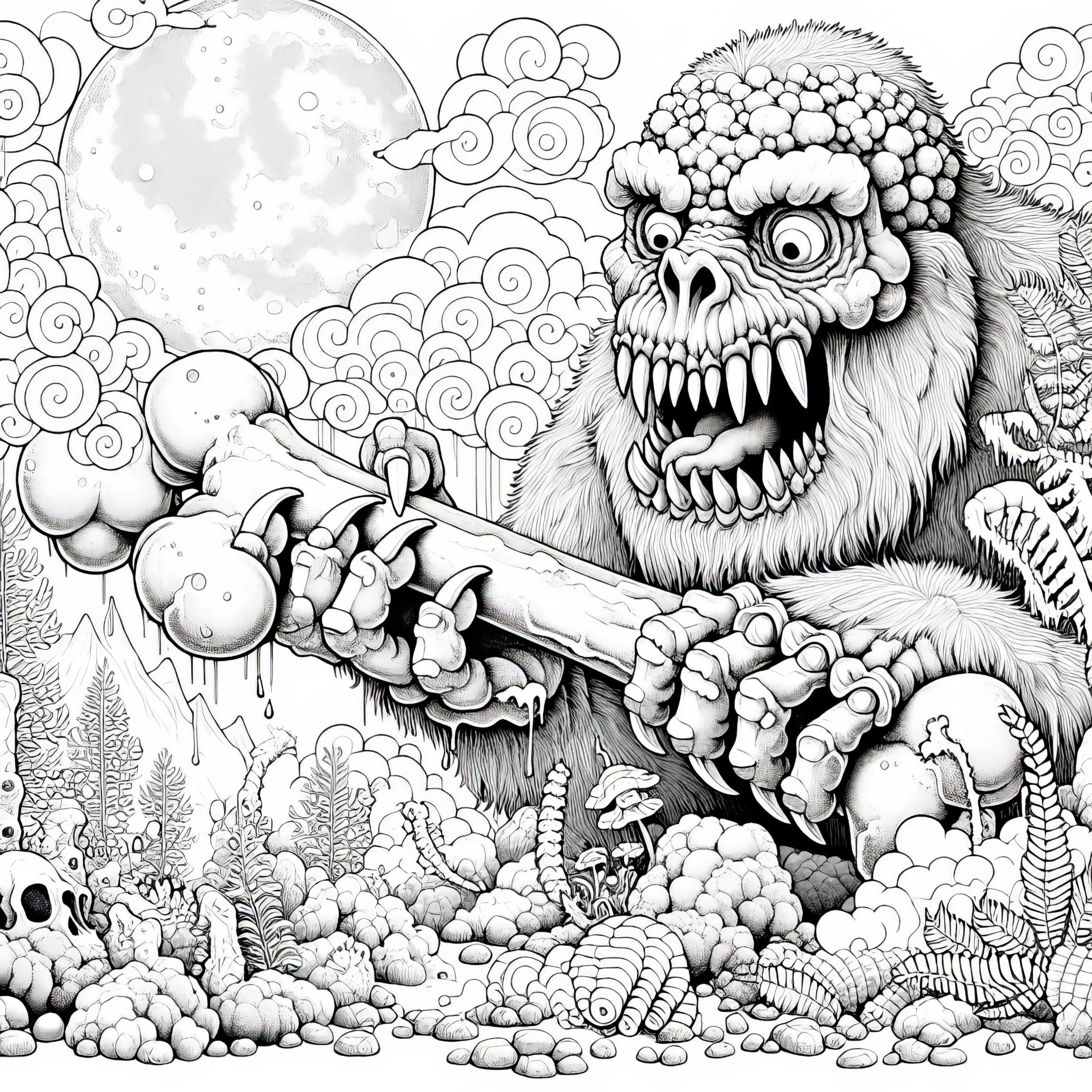Monster spielt mit riesigem Knochen als Spielzeug: Realistisches Ausmalbild (Kostenlos)