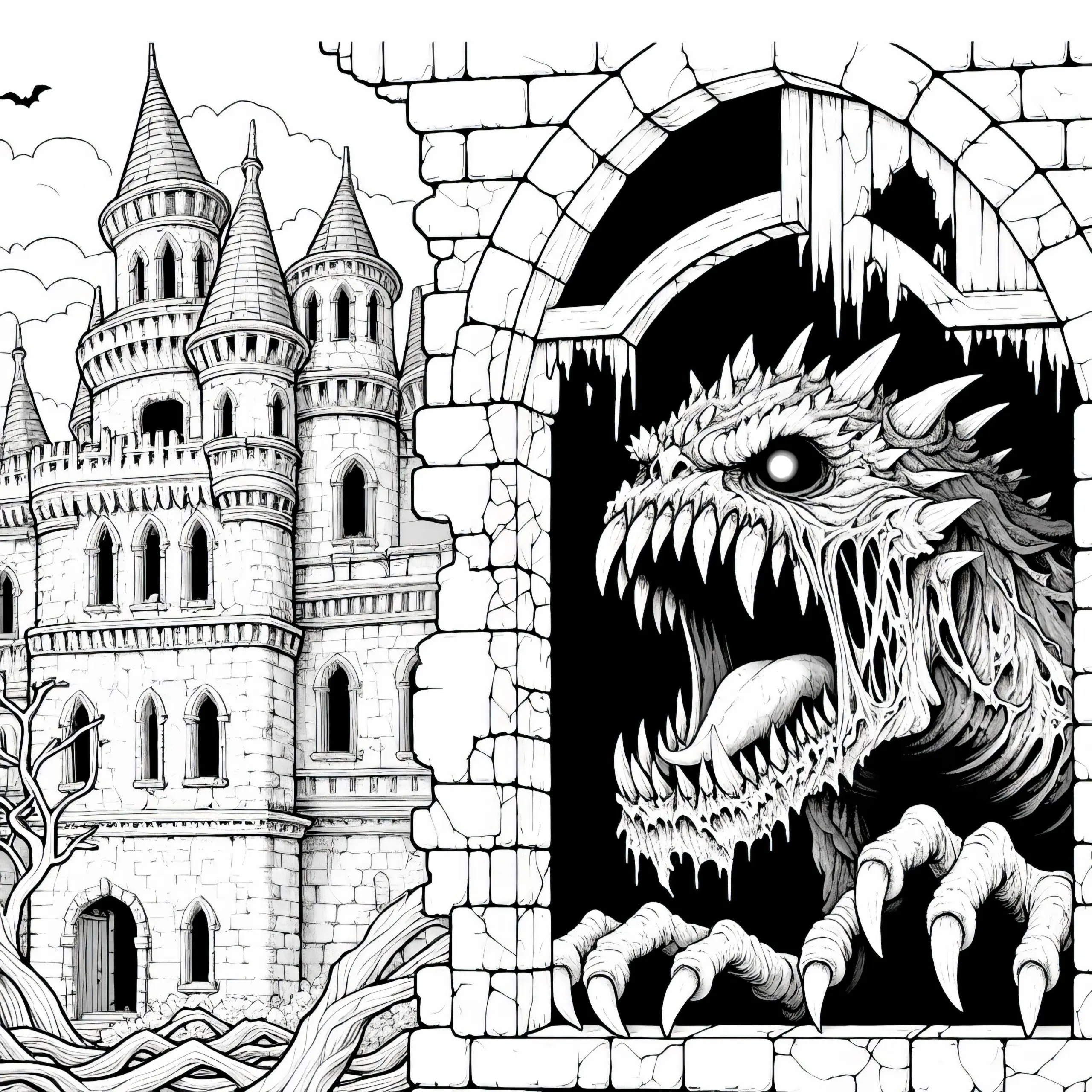 Monster versteckt sich in verlassenem Schloss und brüllt aus Fenster: Detaillierte Malvorlage (Gratis) (Ausmalbild)