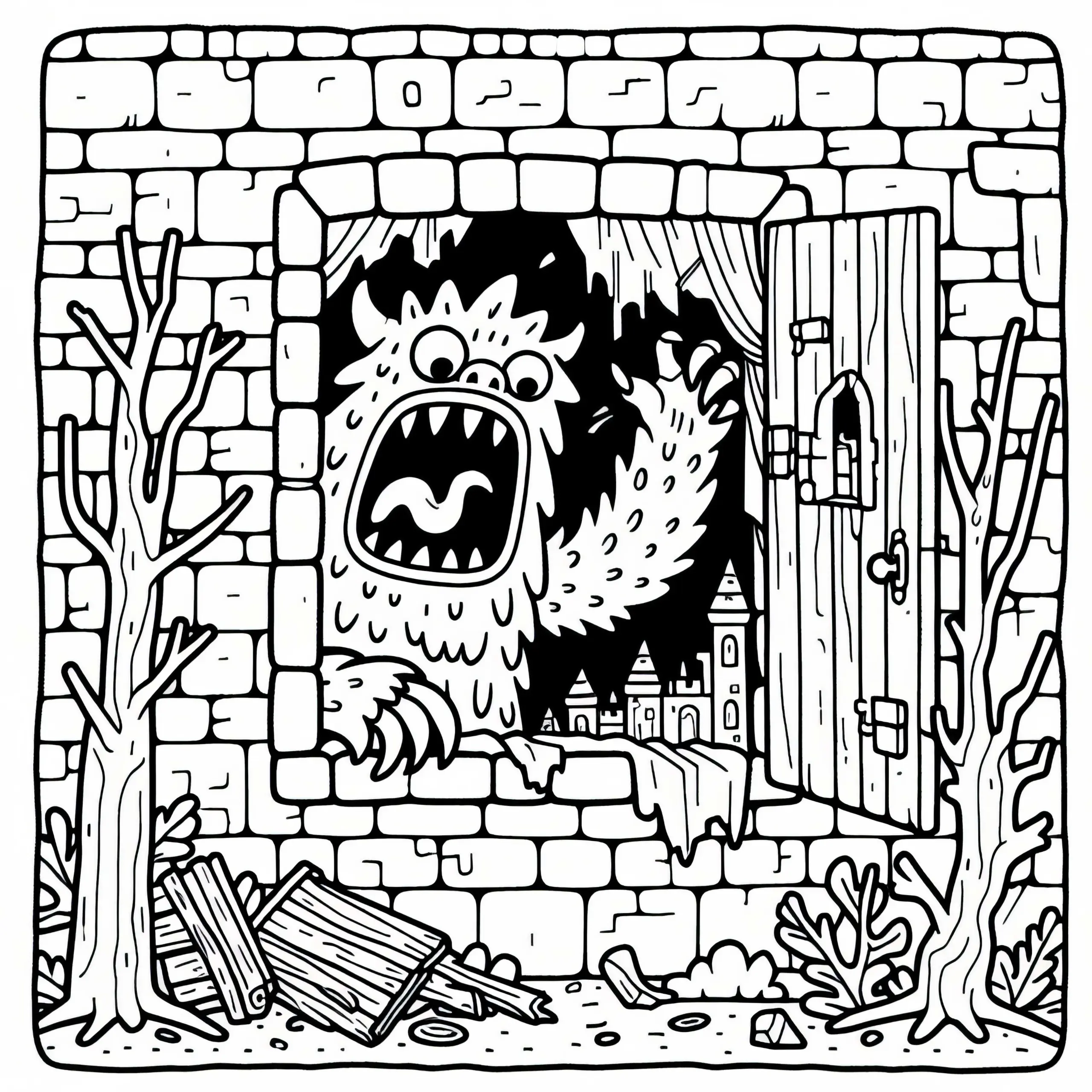 Monster versteckt sich in verlassenem Schloss und brüllt aus Fenster – Gratis Malvorlage (Ausmalbild)
