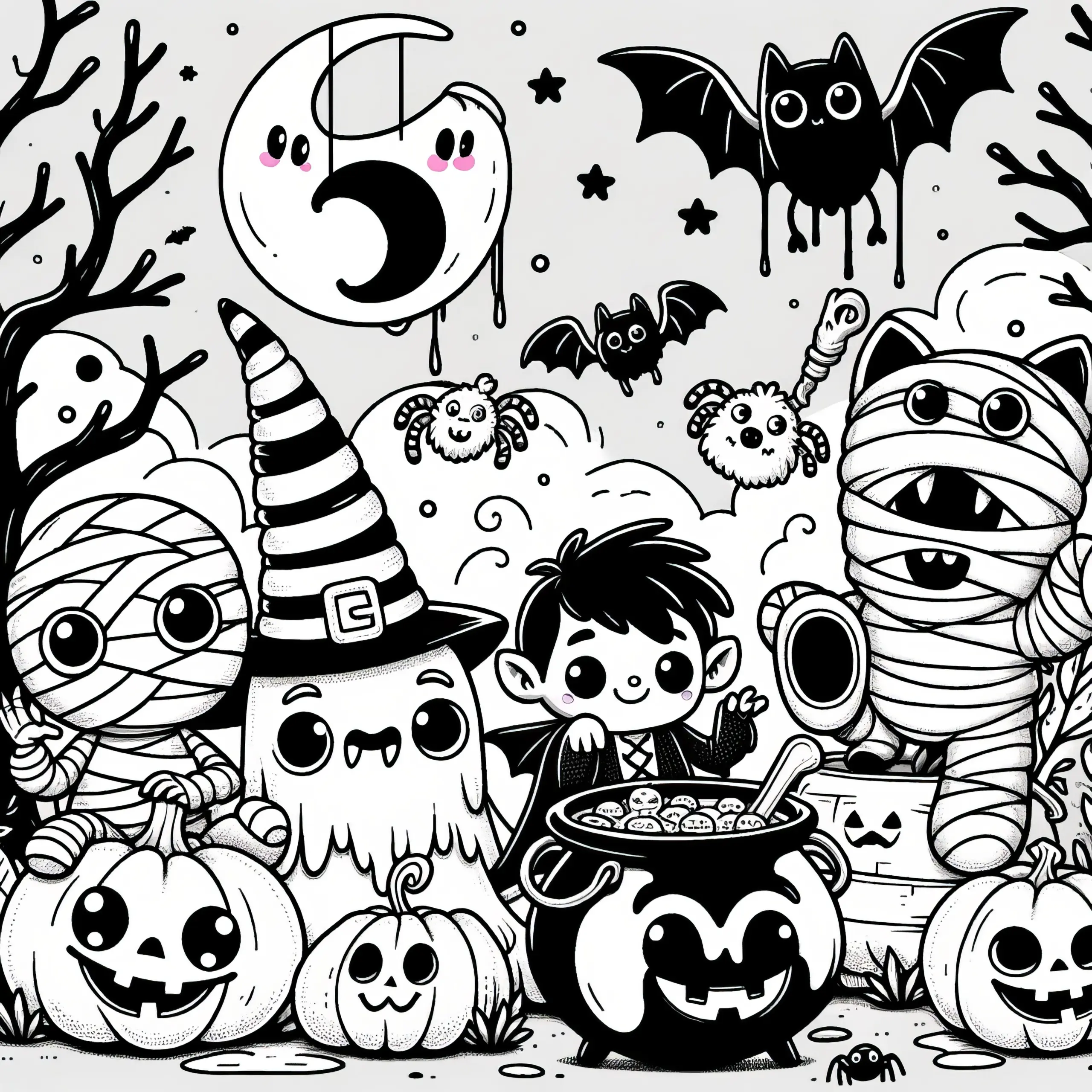 Monsterparty zu Halloween: Bild zum Ausmalen (Gratis) (Ausmalbild)