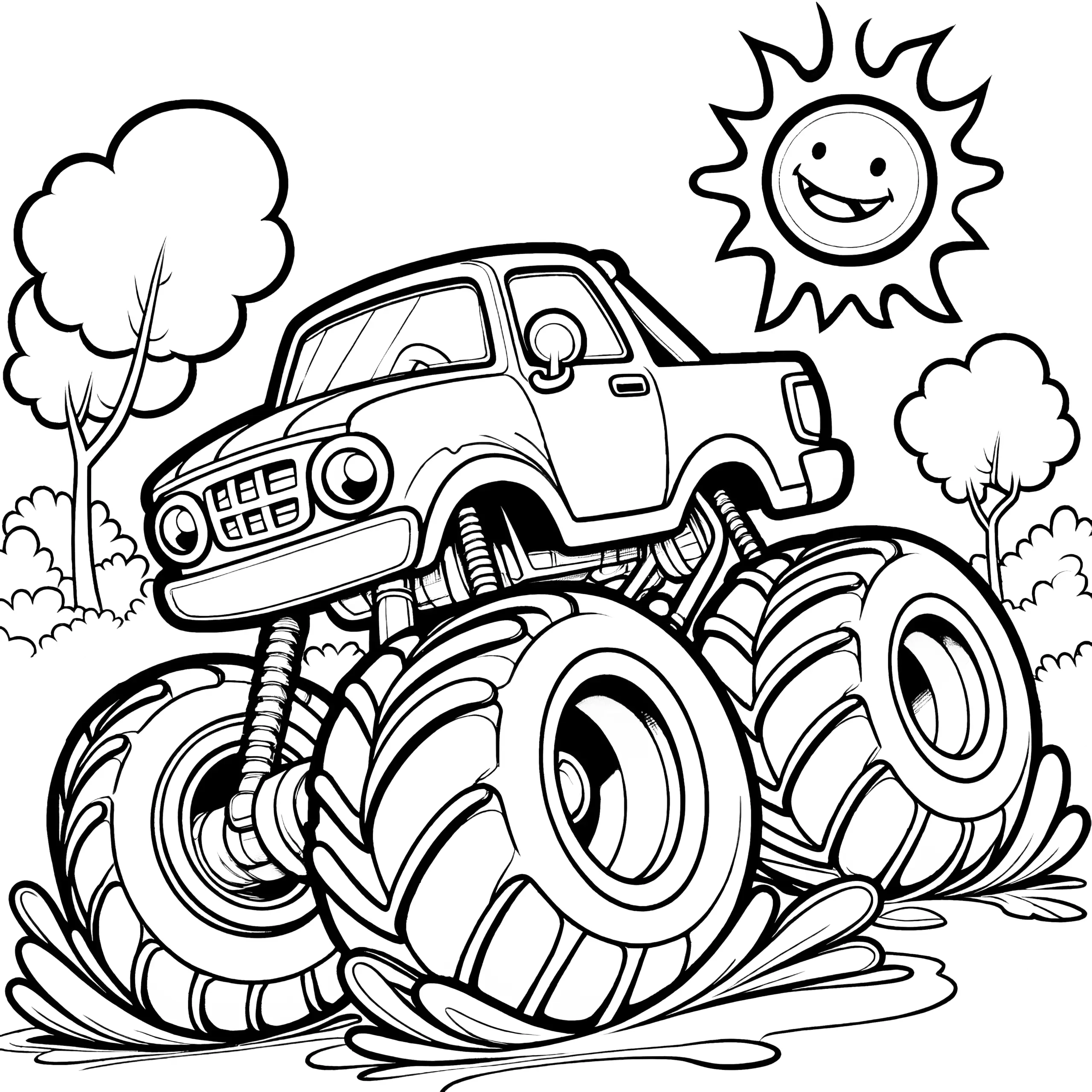 Monstertruck, Bäume und Sonne: Malvorlage für Kinder (Kostenlos) (Ausmalbild)