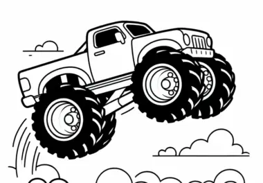 Monstertruck fährt über Rampe – Malvorlage für Jungs ab drei gratis