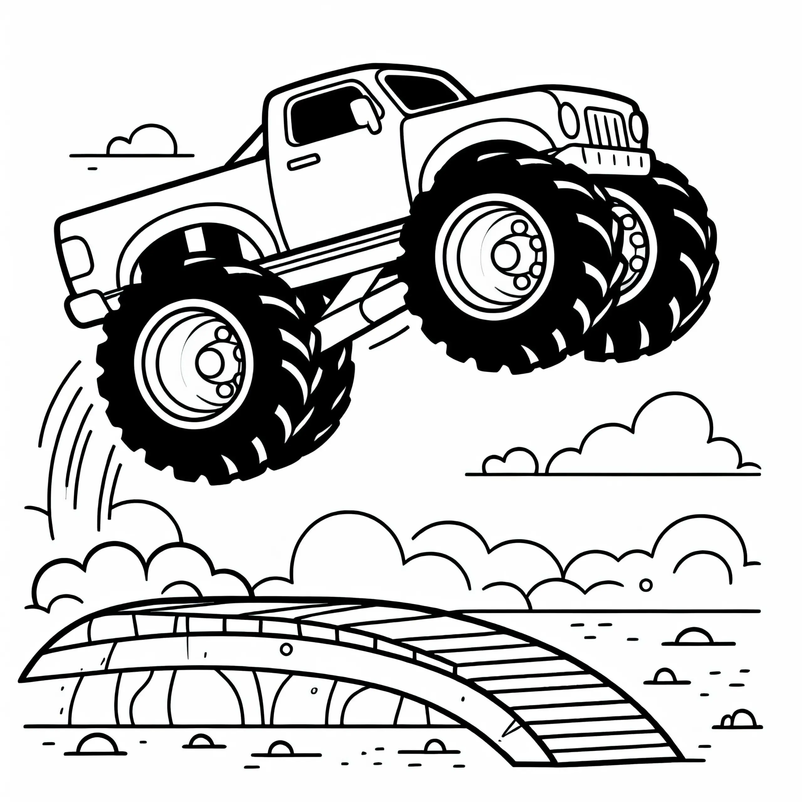 Monstertruck fährt über Rampe – Malvorlage für Jungs ab drei gratis (Ausmalbild)