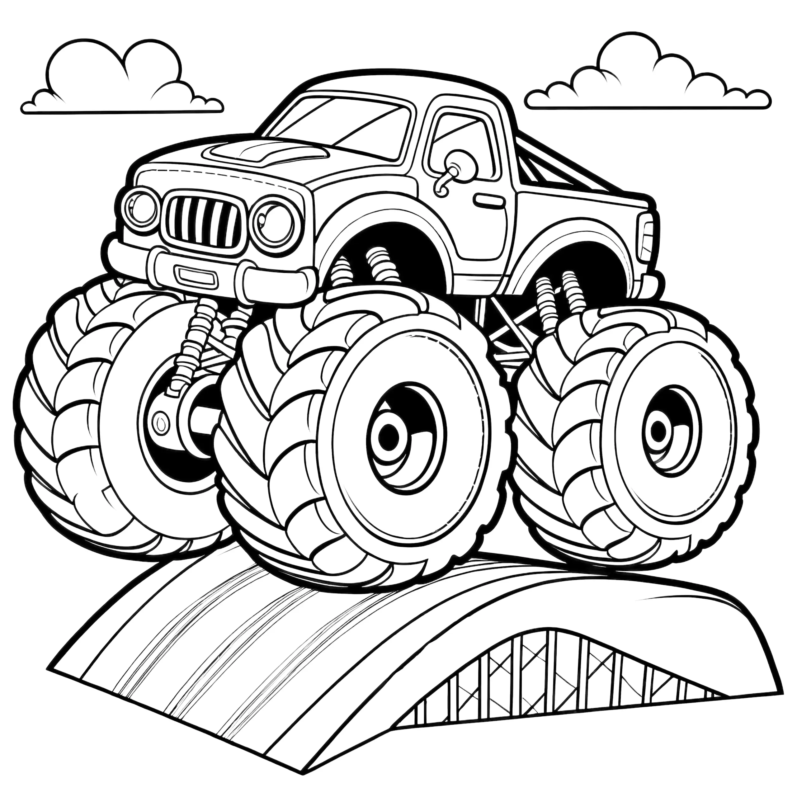 Monstertruck fährt über Rampe Malvorlage (Gratis) (Ausmalbild)