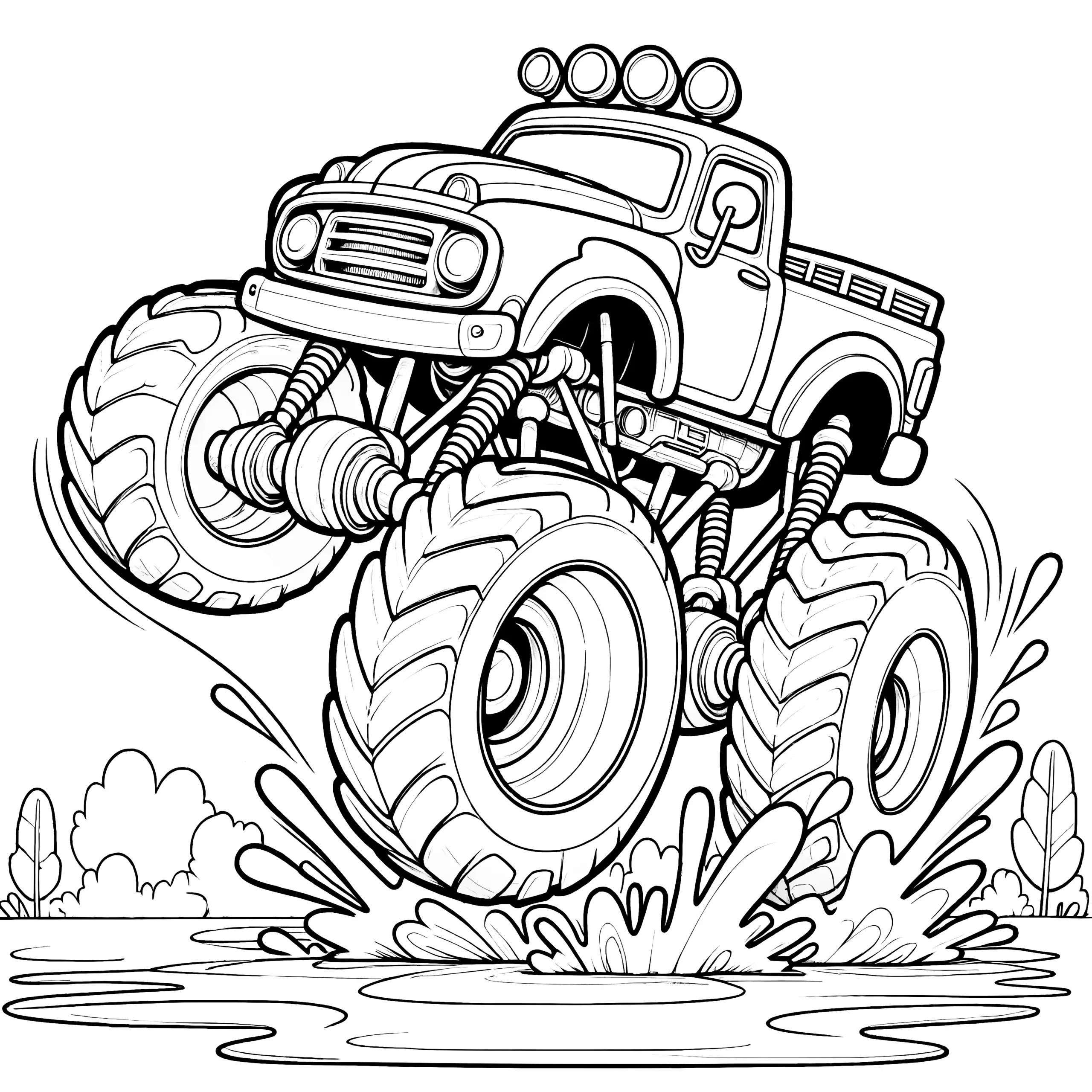 Monstertruck im Matschwasser: Ausmalbild kostenlos zum Download