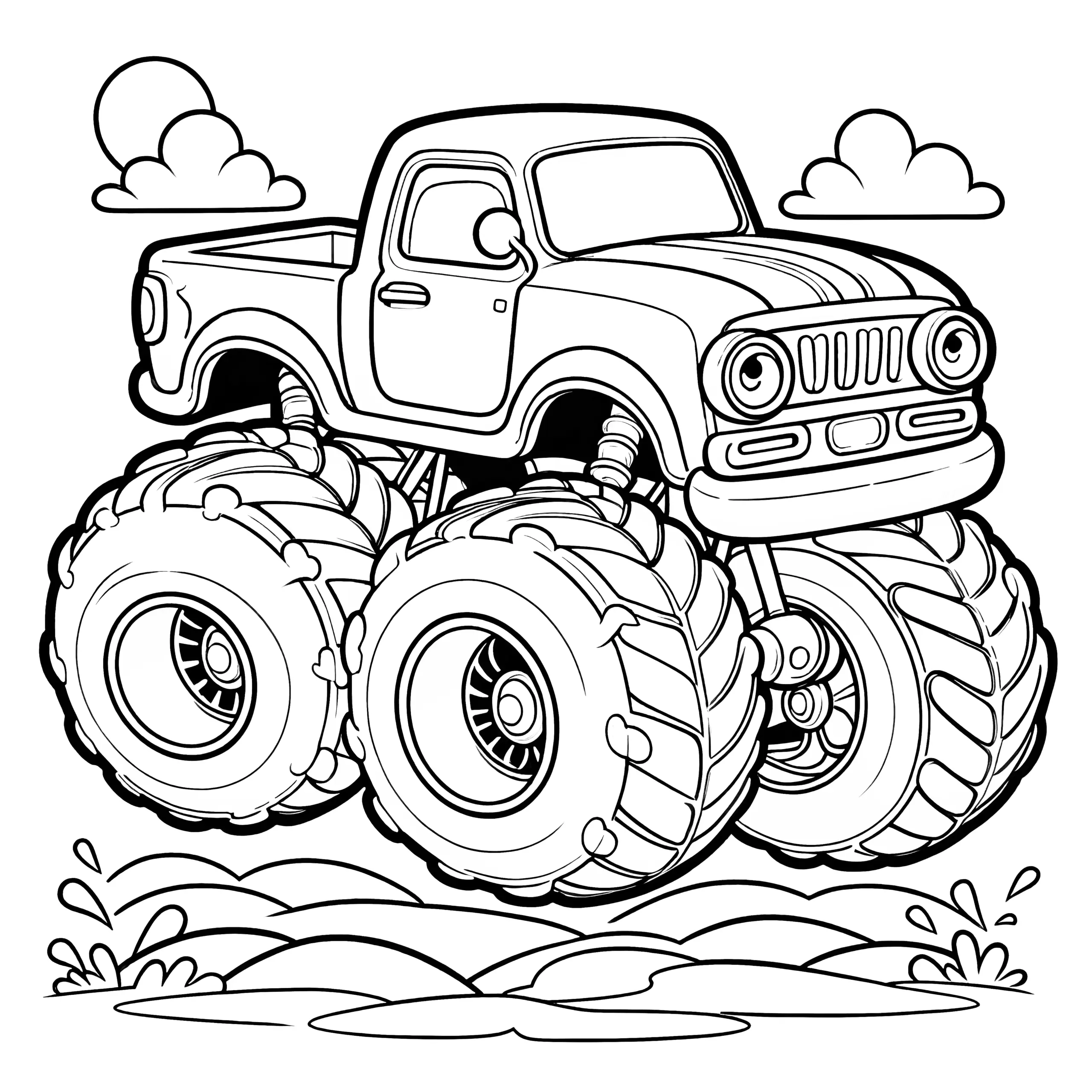 Monstertruck schwebt durch die Luft: Gratis Ausmalbild für Kinder