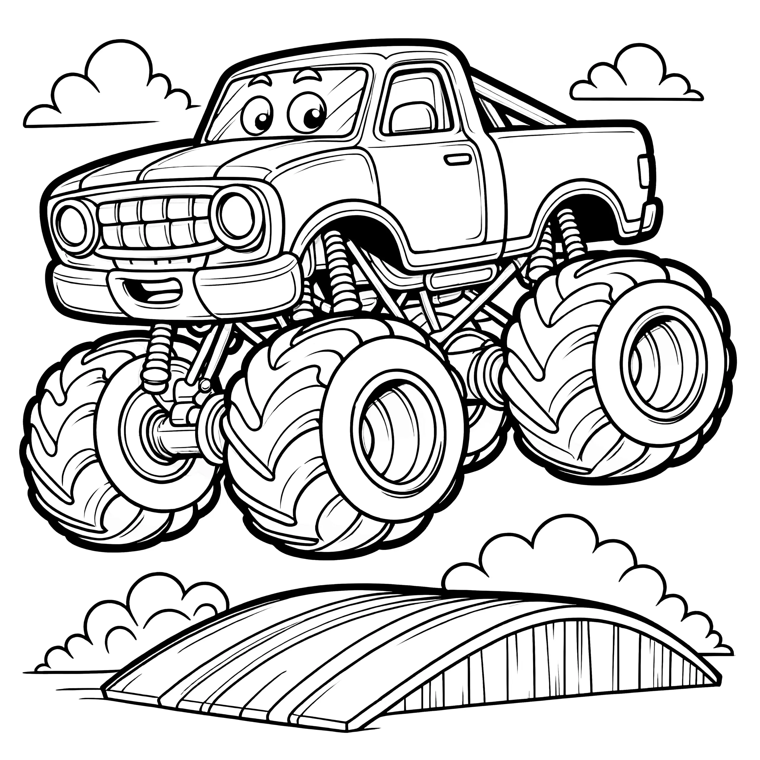 Monstertruck springt über Rampe: Kostenlose Malvorlage (Ausmalbild)