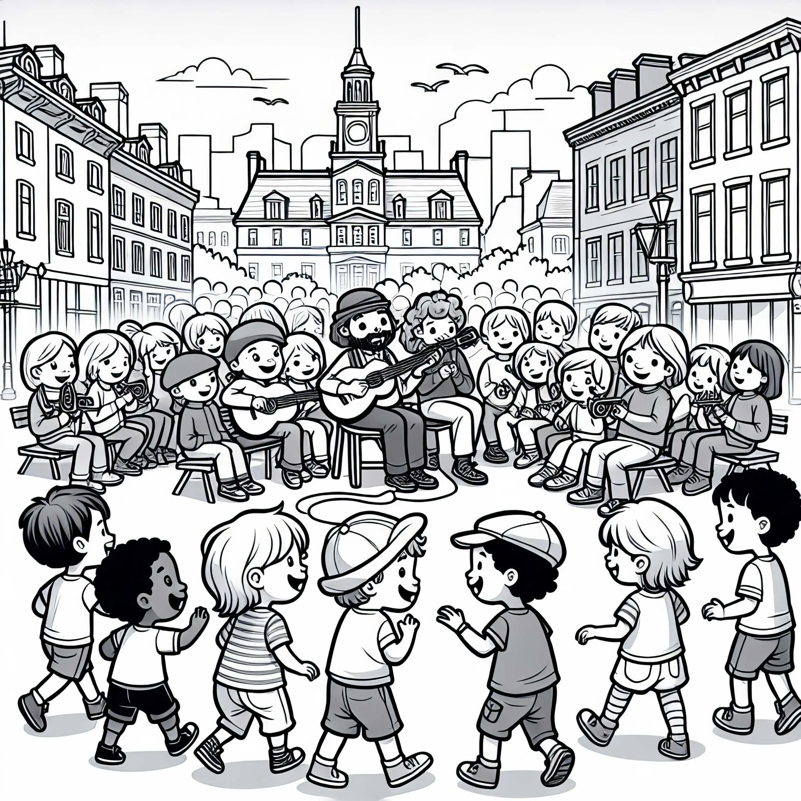 Kinder bestaunen Musikanten in der Altstadt von Montreal – Ausmalvorlage kostenlos (Ausmalbild)