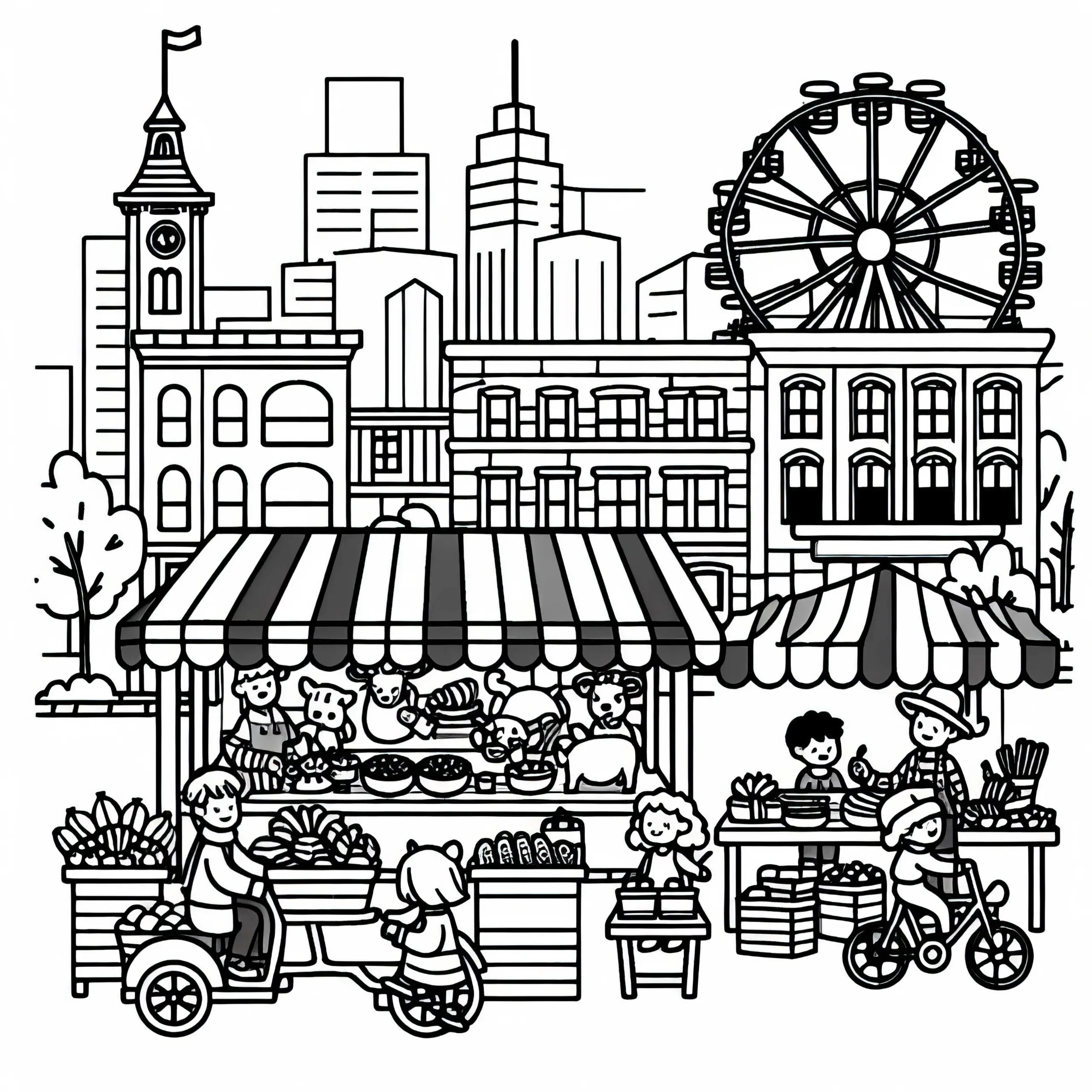 Montreal Markt mit bunten Ständen Ausmalbild kostenlos