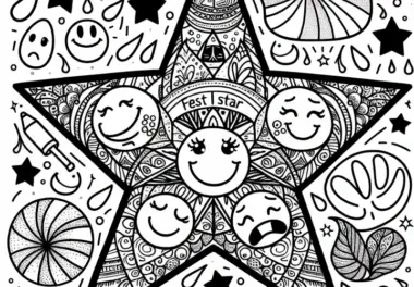 Ausmalbild eines Sterns mit Smileys für Mädchen ab zwölf Jahren zum kostenlosen Download