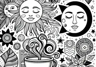 Moodboard aus Symbolen: Sonne, Mond, Glitzer, Kaffee – Ausmalbild für Mädchen ab zwölf kostenlos