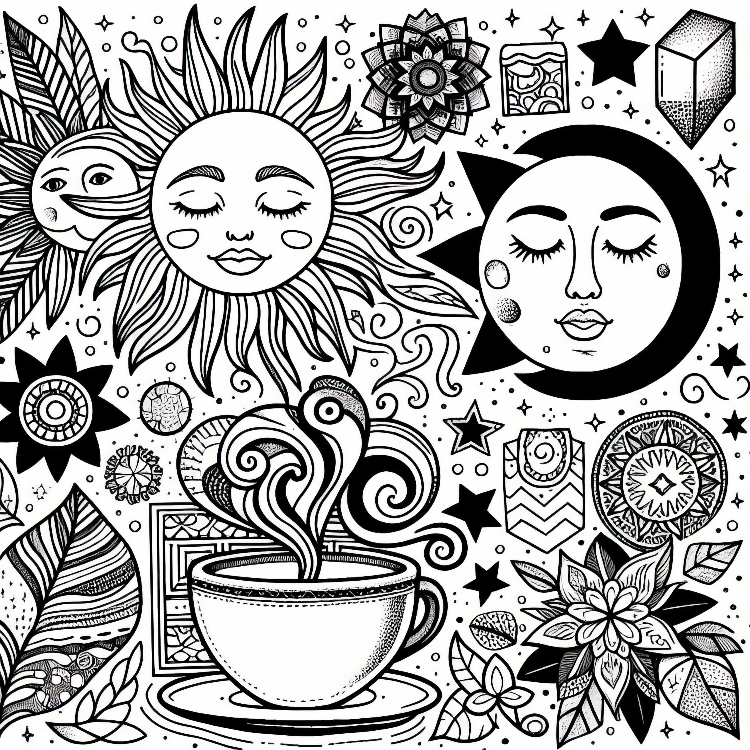 Moodboard aus Symbolen: Sonne, Mond, Glitzer, Kaffee – Ausmalbild für Mädchen ab zwölf kostenlos