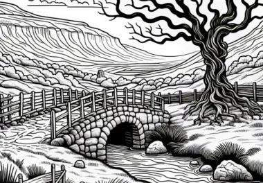 Moorlandschaft mit alter Brücke führt zu verfluchtem Baum – Ausmalbild kostenlos